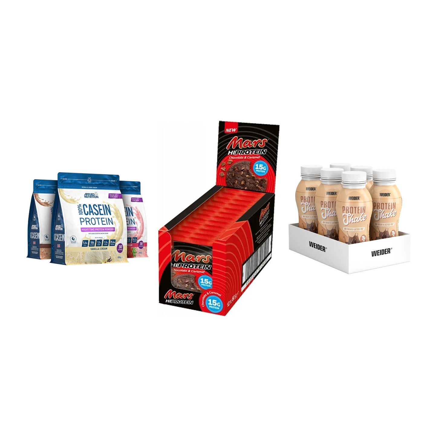 Schokolade Geschmacks-Trio: Applied + 3× Mars High + 2× Weider PROTE – alle enthaltenen Artikel
