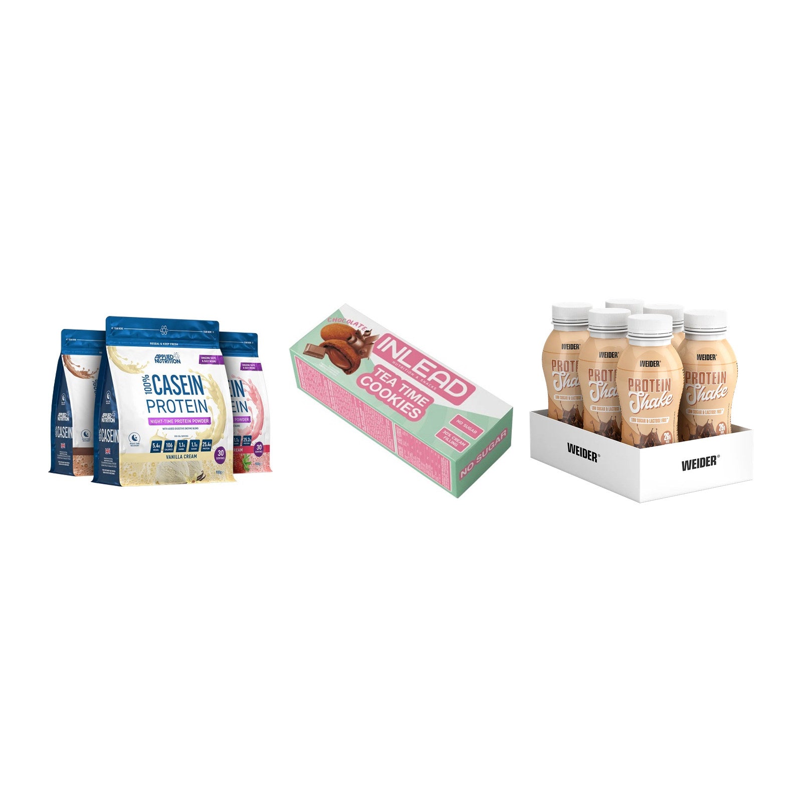 Schokolade Geschmacks-Trio: Applied + 3× INLEAD Tea + 2× Weider PROTE – alle enthaltenen Artikel