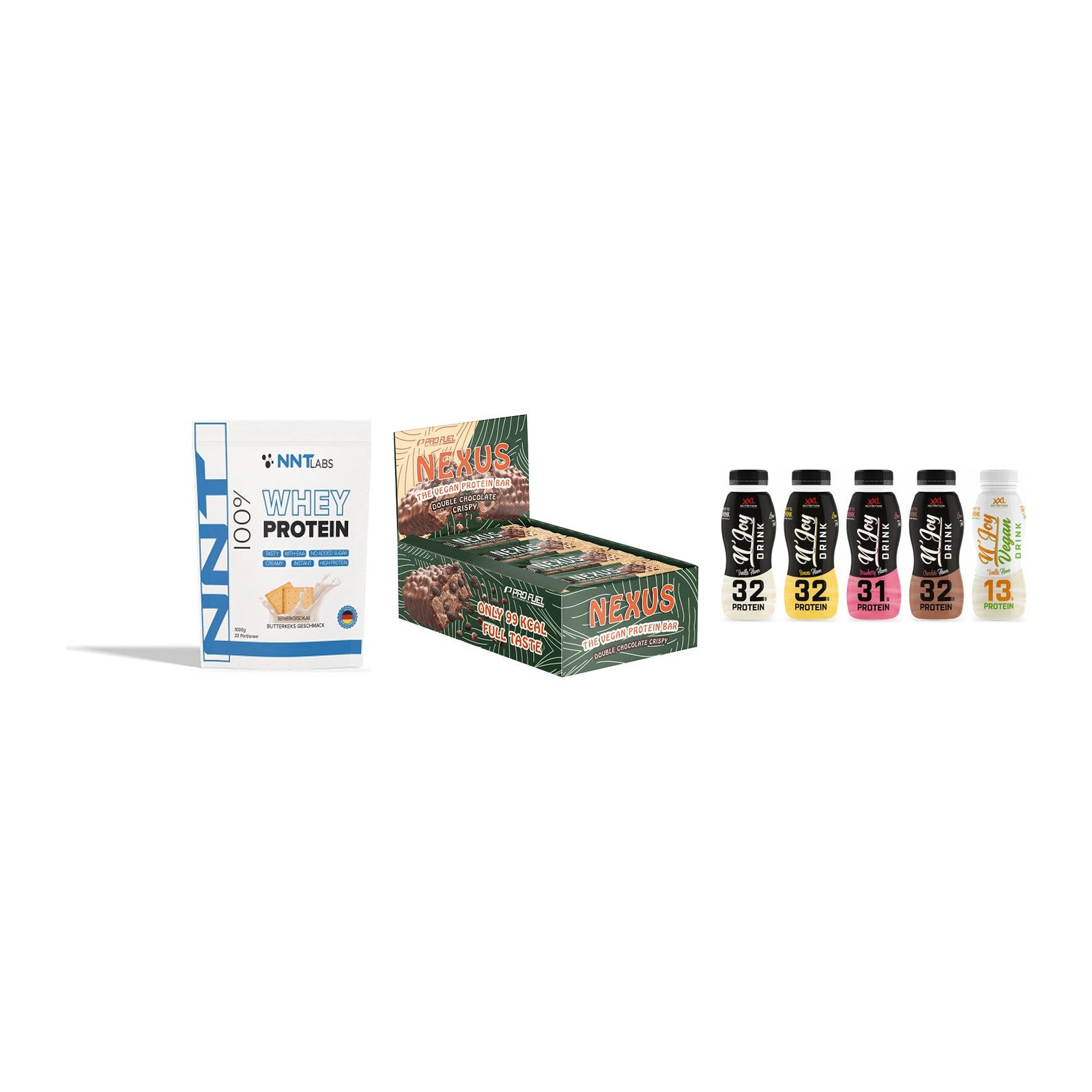 Schokolade Geschmacks-Trio: NNT Whey + 3× ProFuel + 2× XXL Nutritio – alle enthaltenen Artikel