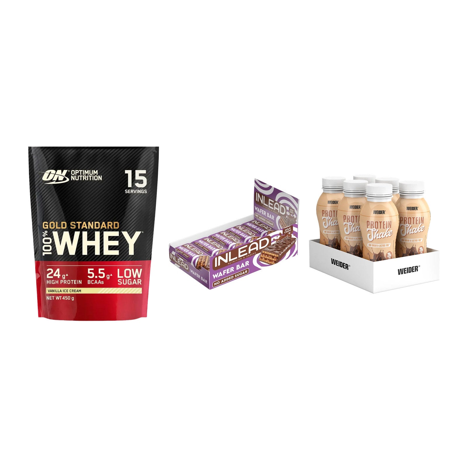 Schokolade Geschmacks-Trio: ON Whey Gold + 3× INLEAD Wafer + 1 weitere – alle enthaltenen Artikel