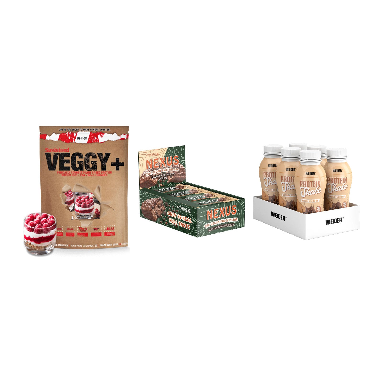 Schokolade Geschmacks-Trio: Sinob VEGGY + 3× ProFuel + 2× Weider PROTE – alle enthaltenen Artikel