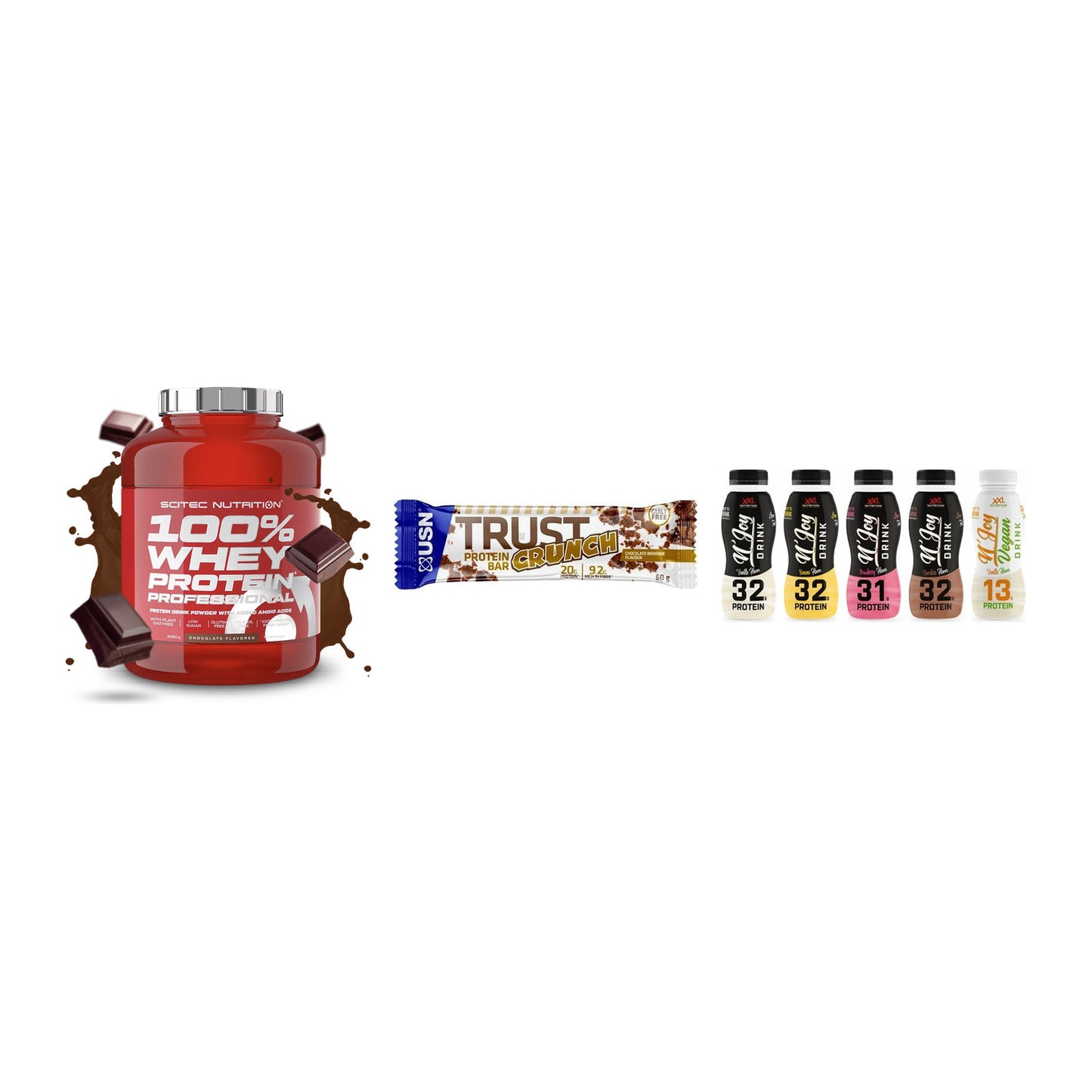 Schokolade Geschmacks-Trio: Scitec 100% + 3× USN TRUST + 1 weitere – alle enthaltenen Artikel
