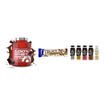 Schokolade Geschmacks-Trio: Scitec 100% + 3× USN TRUST + 1 weitere – alle enthaltenen Artikel