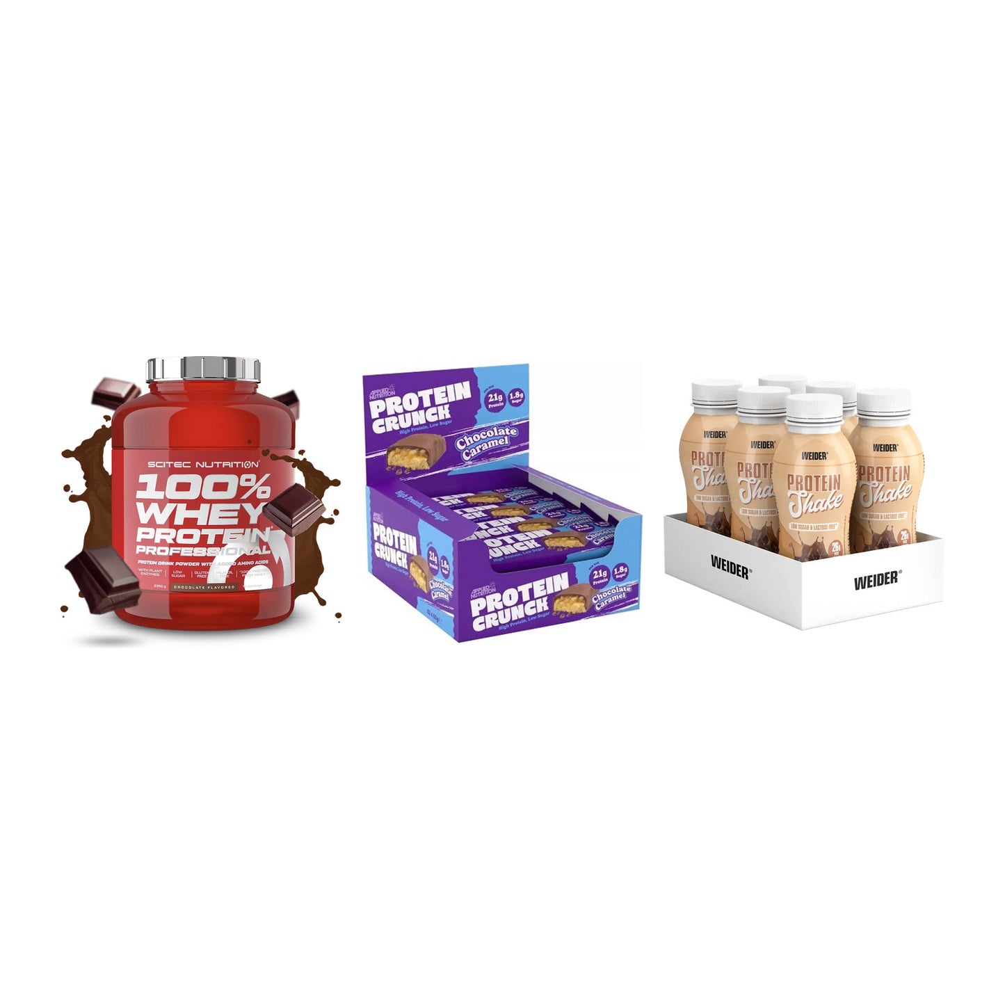 Schokolade Geschmacks-Trio: Scitec 100% + 3× Applied + 2× Weider PROTE – alle enthaltenen Artikel