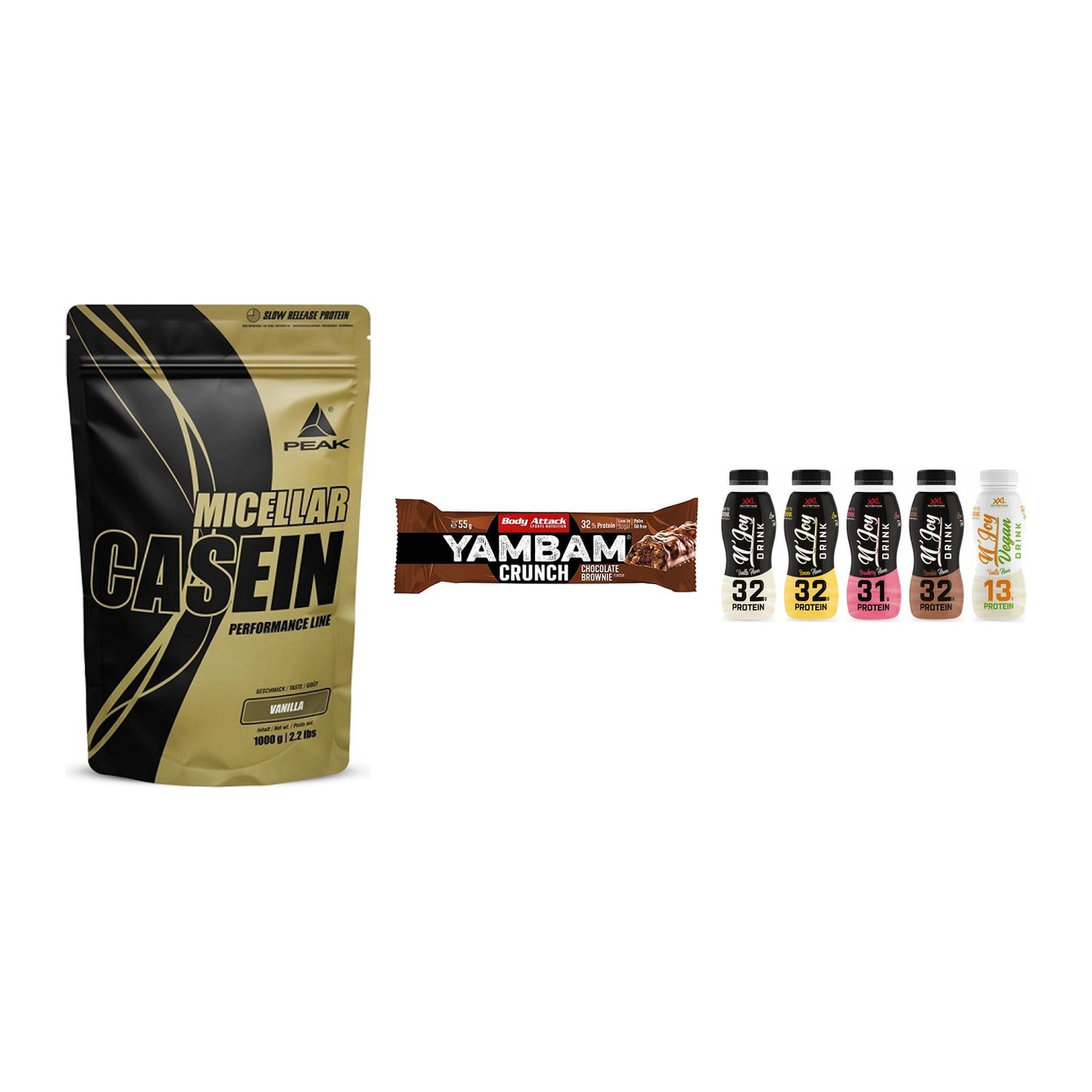 Schokolade Geschmacks-Trio: Peak Micellar + 3× Body Attack + 1 weitere – alle enthaltenen Artikel