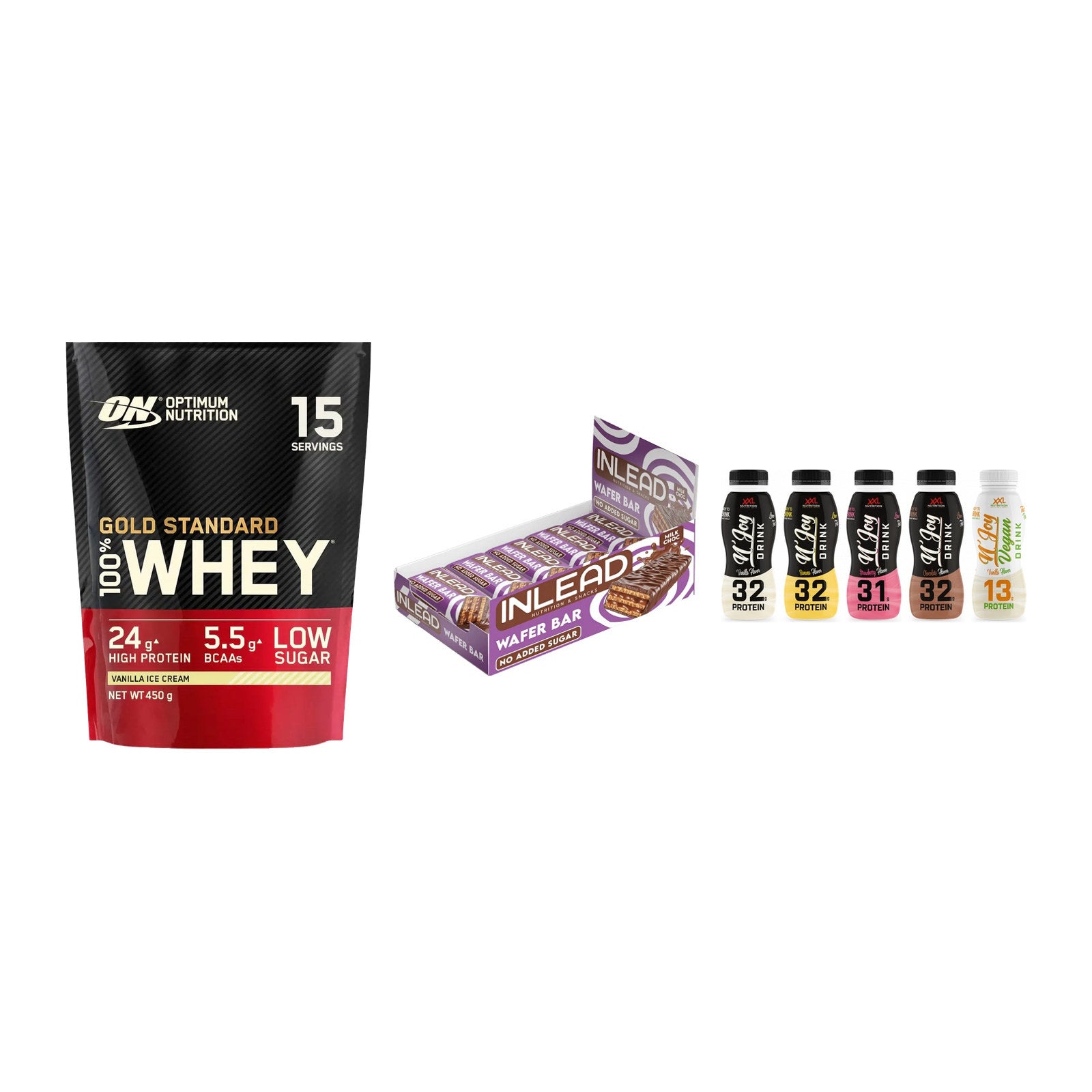 Schokolade Geschmacks-Trio: ON Whey Gold + 3× INLEAD Wafer + 1 weitere – alle enthaltenen Artikel