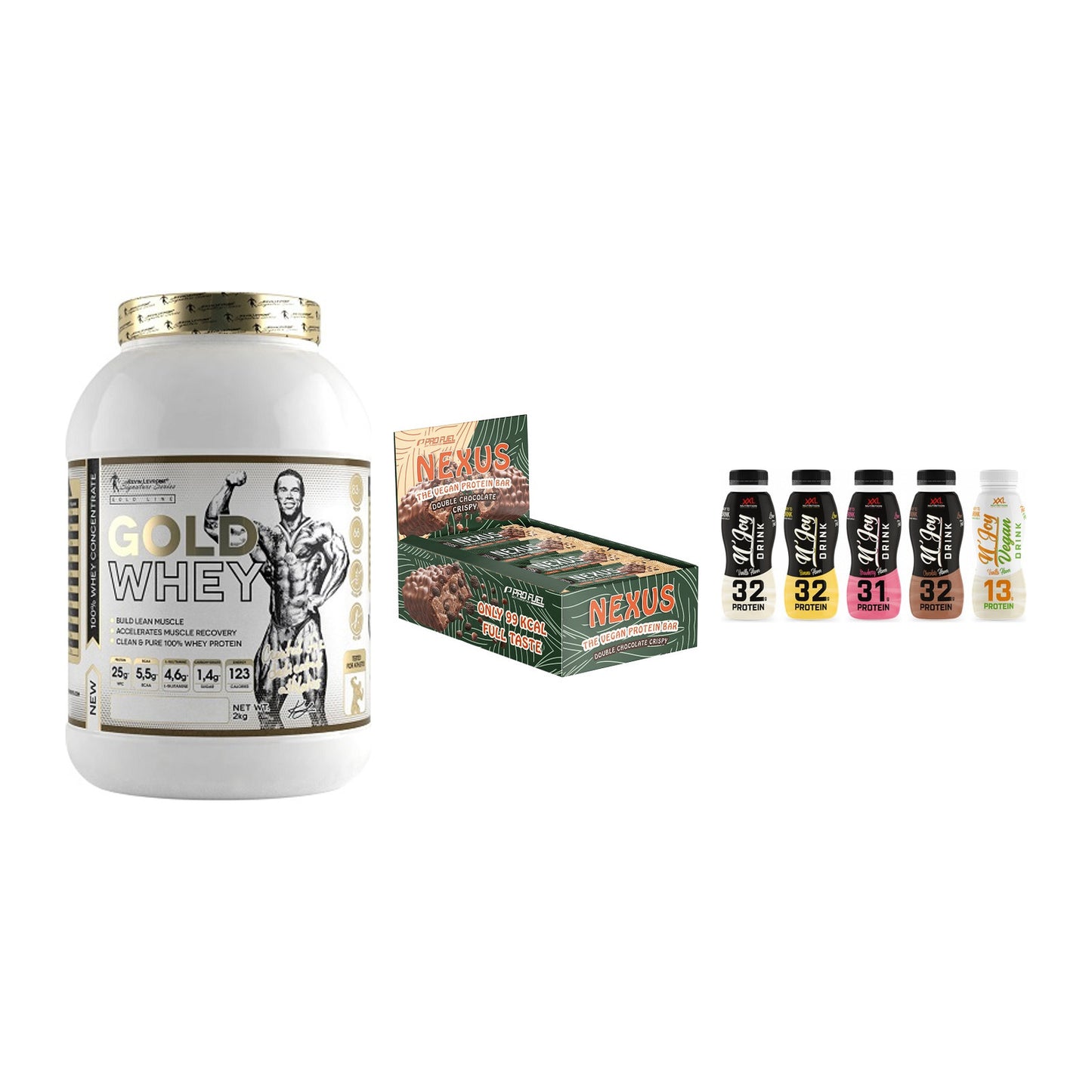 Schokolade Geschmacks-Trio: Kevin Levrone Gold Whey + 2 weitere – alle enthaltenen Artikel