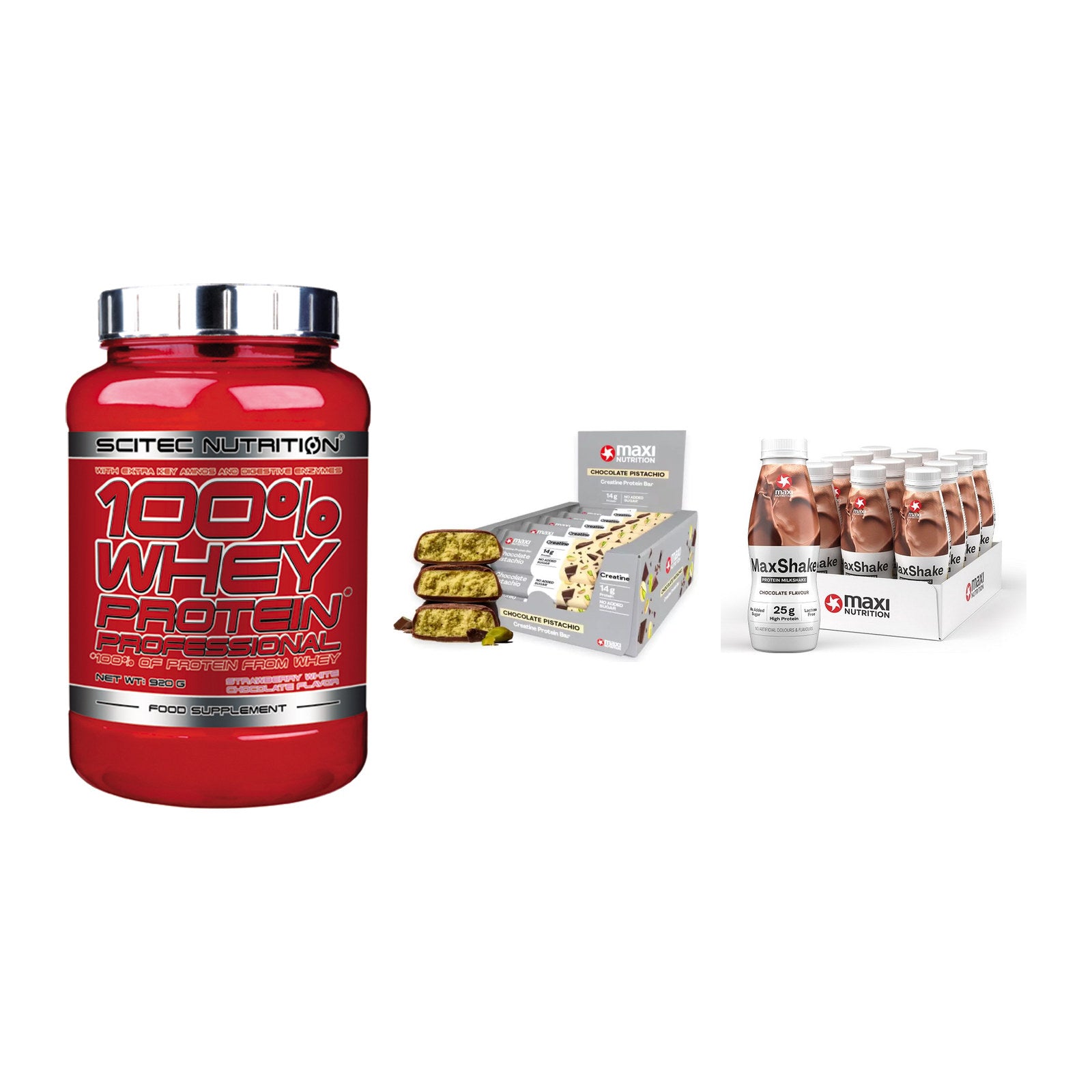 Schokolade Geschmacks-Trio: Scitec 100% + 3× MaxiNutrition + 1 weitere – alle enthaltenen Artikel