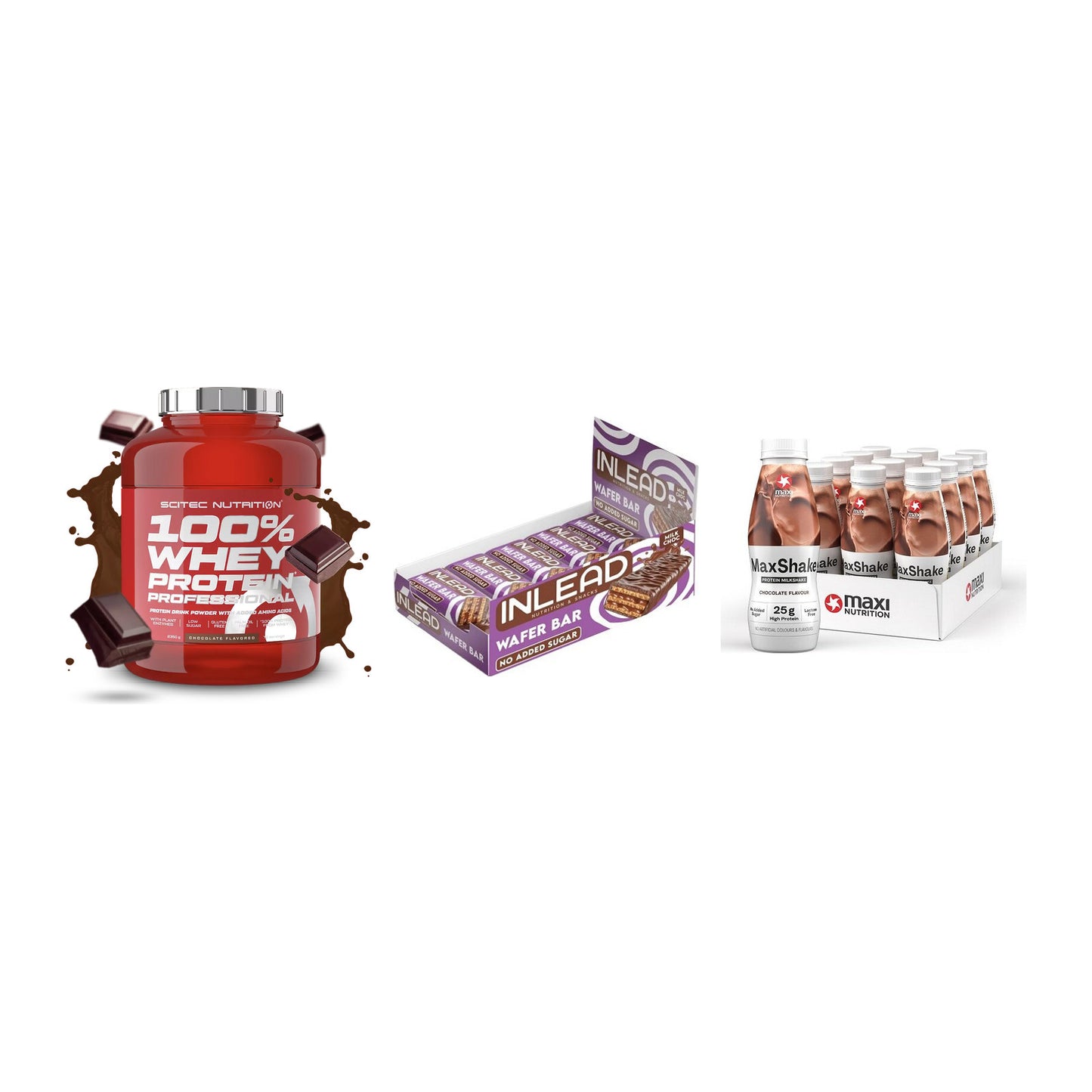 Schokolade Geschmacks-Trio: Scitec 100% + 3× INLEAD Wafer + 1 weitere – alle enthaltenen Artikel
