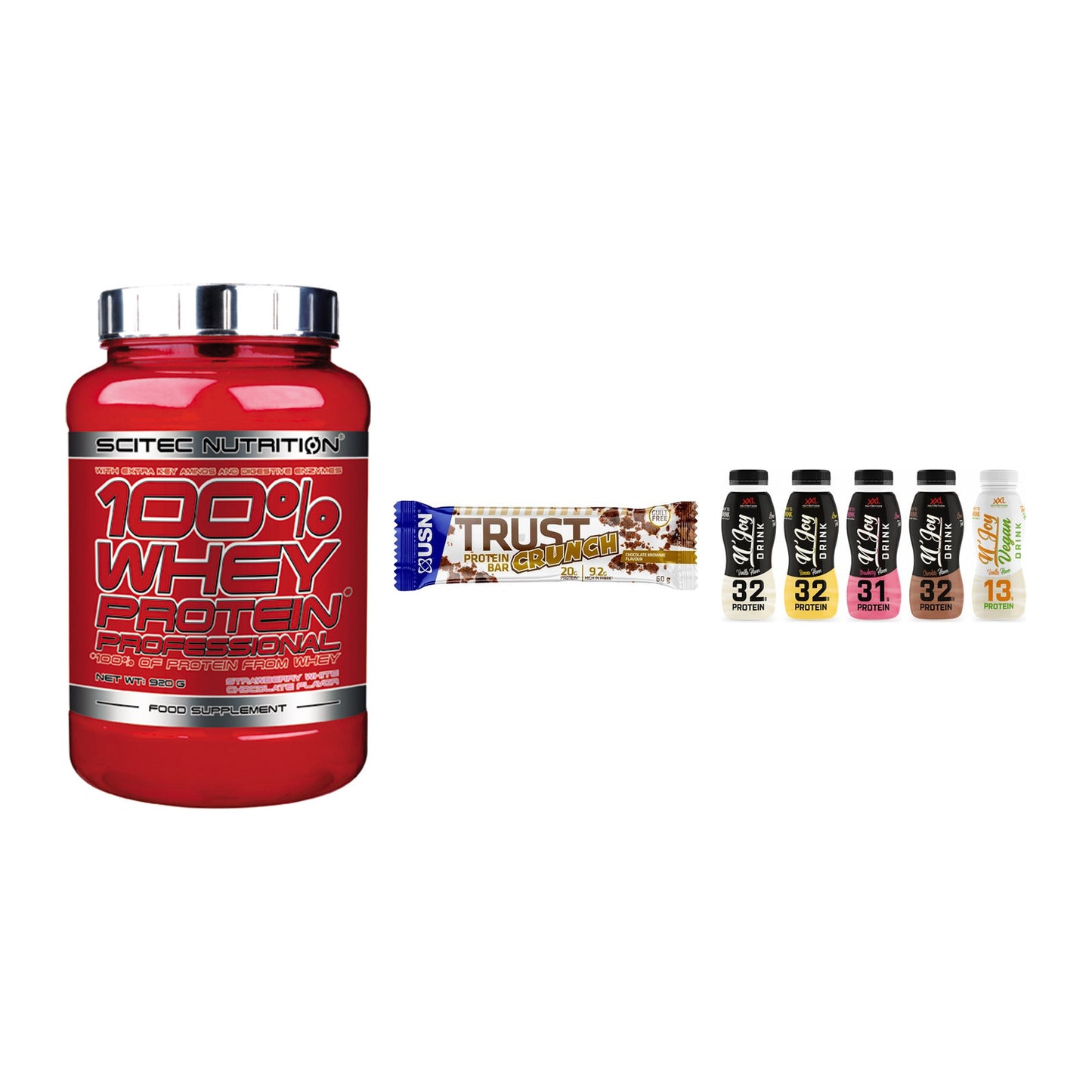 Schokolade Geschmacks-Trio: Scitec 100% + 3× USN TRUST + 1 weitere – alle enthaltenen Artikel