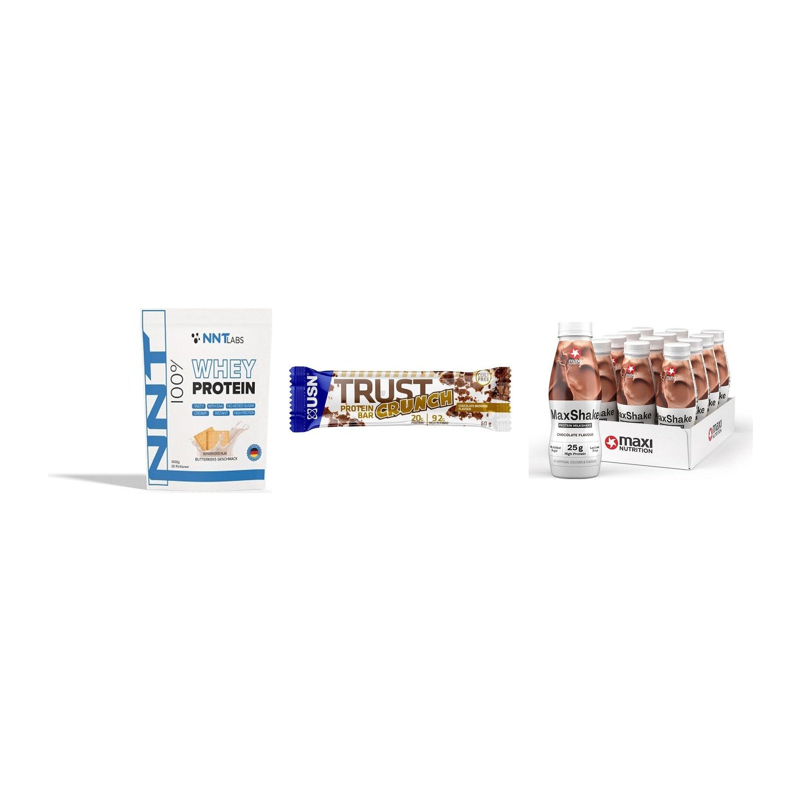 Schokolade Geschmacks-Trio: NNT Whey + 3× USN TRUST + 2× MaxiNutritio – alle enthaltenen Artikel