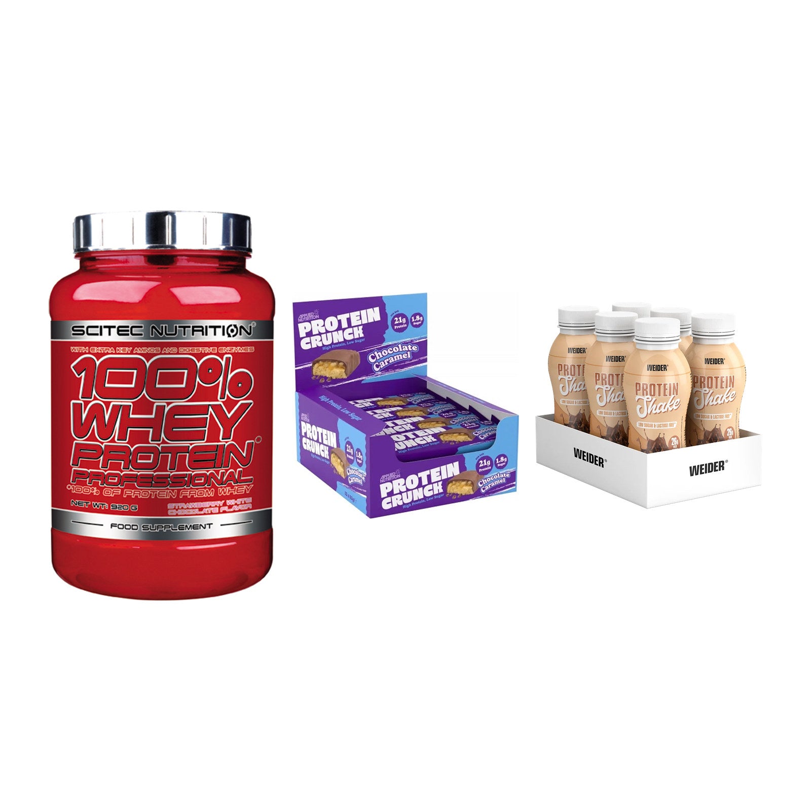Schokolade Geschmacks-Trio: Scitec 100% + 3× Applied + 2× Weider PROTE – alle enthaltenen Artikel