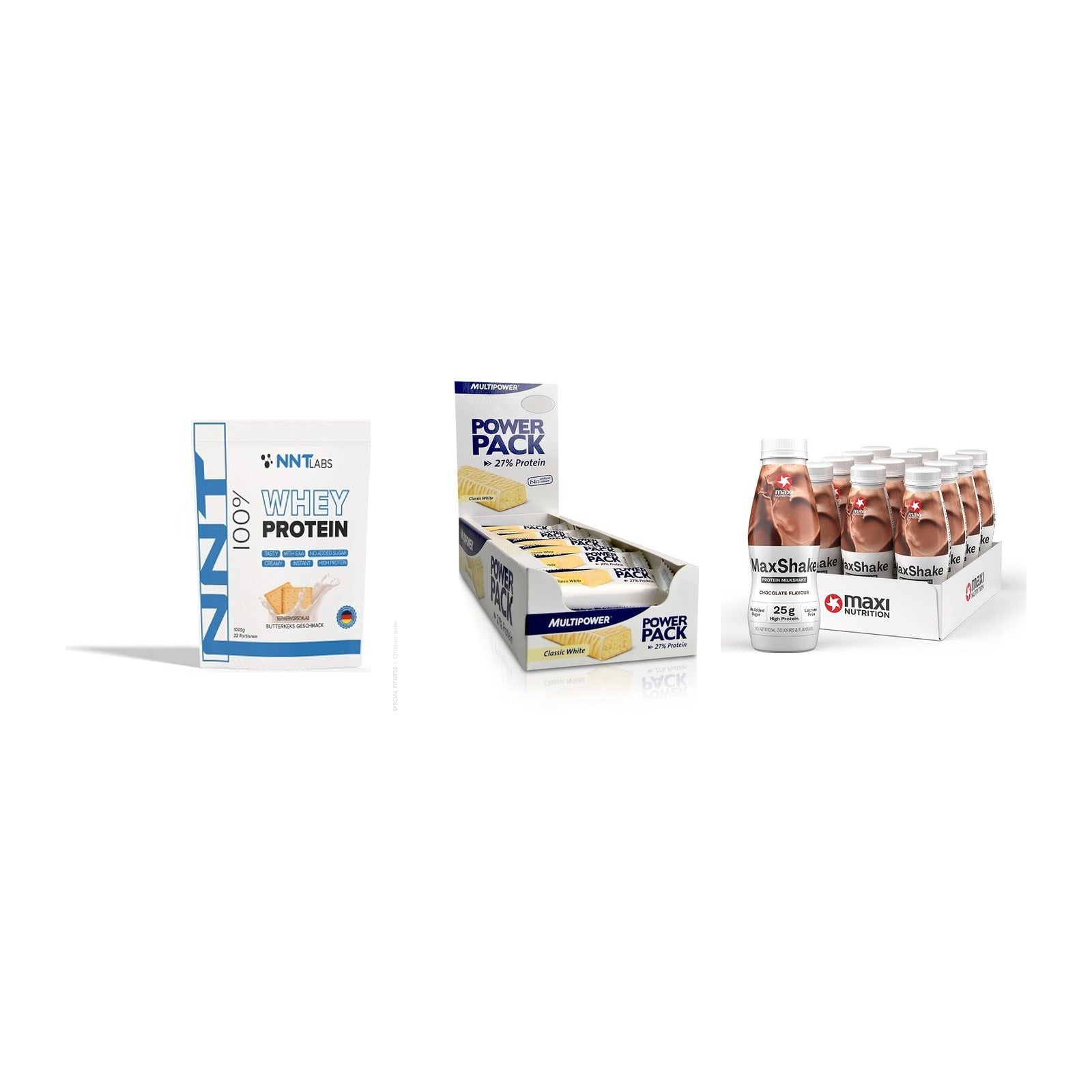 Schokolade Geschmacks-Trio: NNT Whey + 3× Multipower + 2× MaxiNutritio – alle enthaltenen Artikel