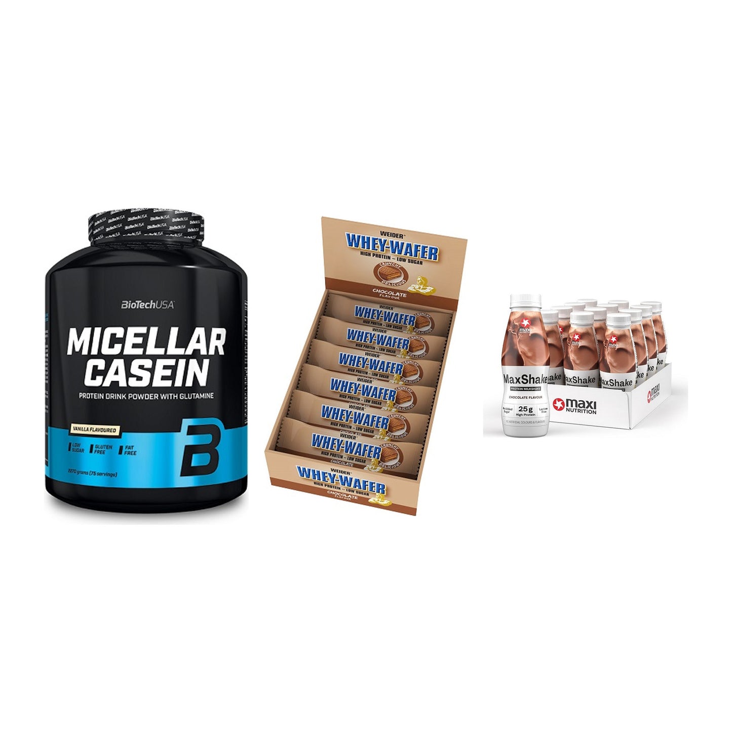 Schokolade Geschmacks-Trio: BioTech + 3× Weider Whey + 2× MaxiNutritio – alle enthaltenen Artikel