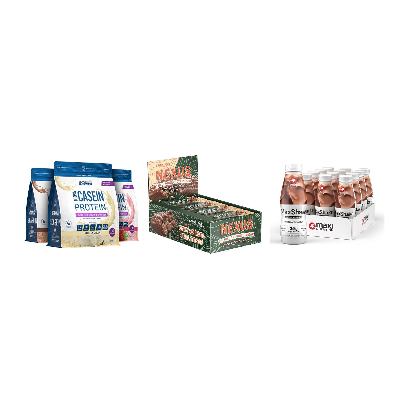 Schokolade Geschmacks-Trio: Applied + 3× ProFuel + 2× MaxiNutritio – alle enthaltenen Artikel