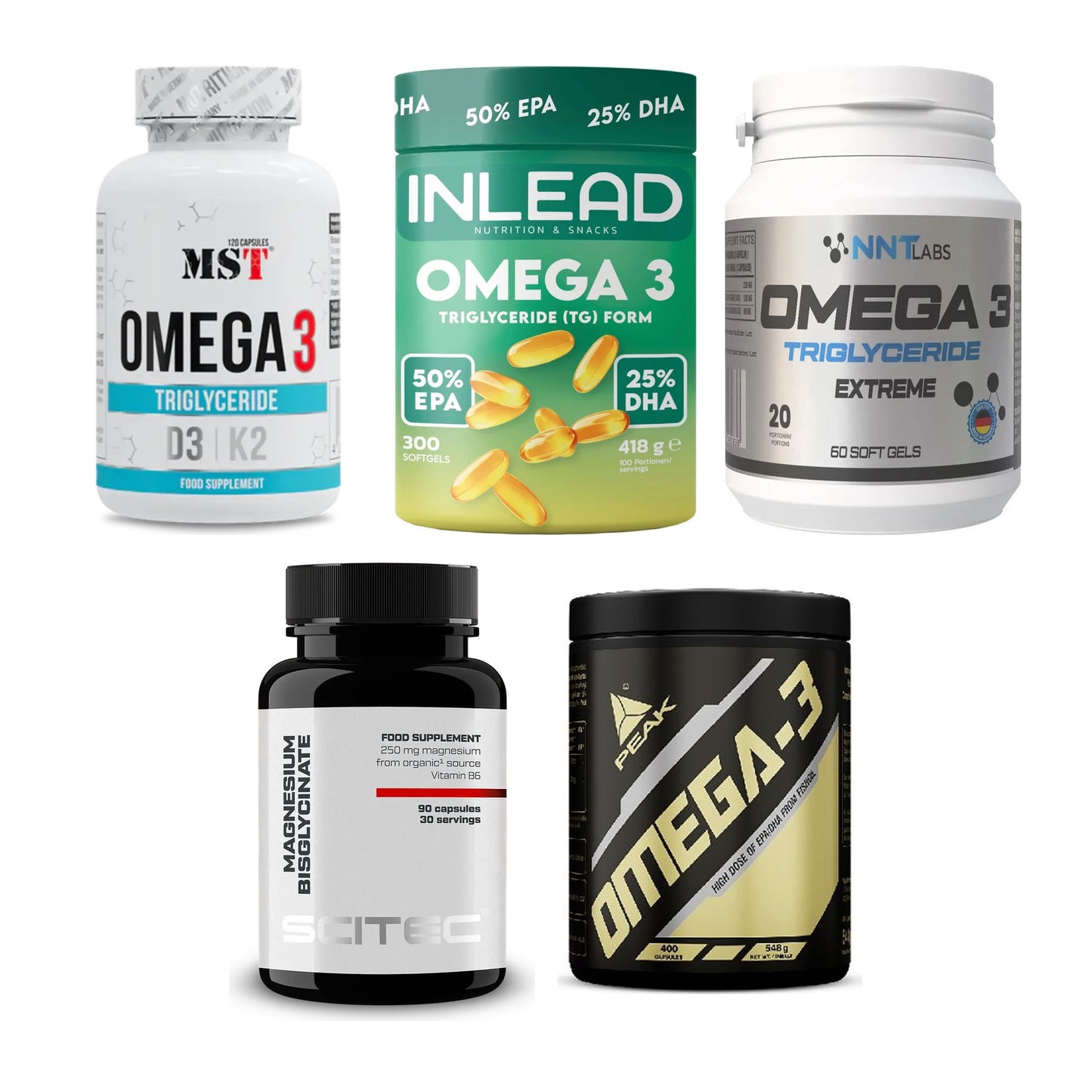 Gesundheits-Basisbox: MST Omega 3 500 + INLEAD Omega-3 + 3 weitere – alle enthaltenen Artikel