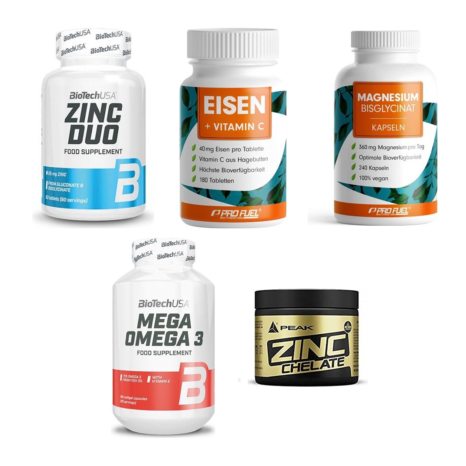 Gesundheits-Basisbox: BioTech Zinc Duo + ProFuel EISEN + 3 weitere – alle enthaltenen Artikel