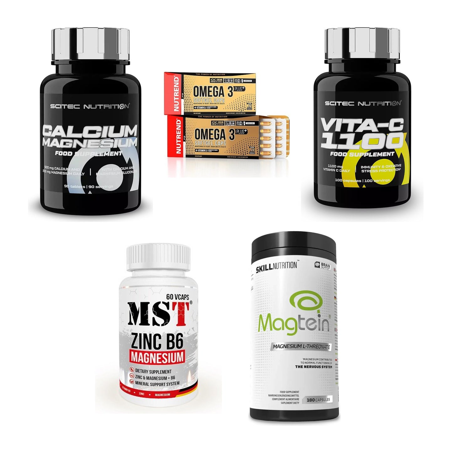 Gesundheits-Basisbox: Scitec Calcium + Nutrend Omega 3 + 3 weitere – alle enthaltenen Artikel