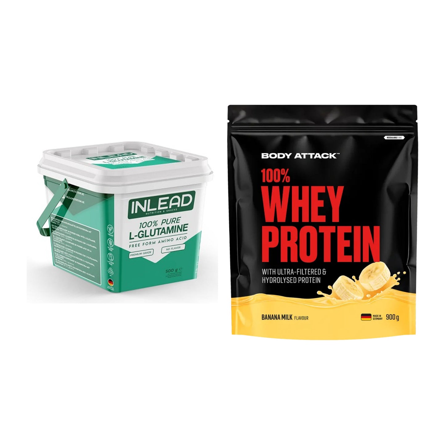 Regenerations-Duo: INLEAD L-Glutamine + Body Attack 100% Whey Protein – alle enthaltenen Artikel