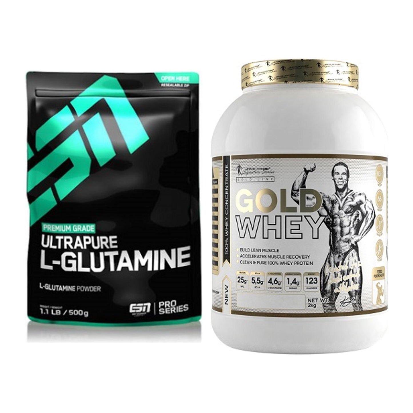 Regenerations-Duo: ESN Ultrapure L-Glutamin + Kevin Levrone Gold Whey – alle enthaltenen Artikel