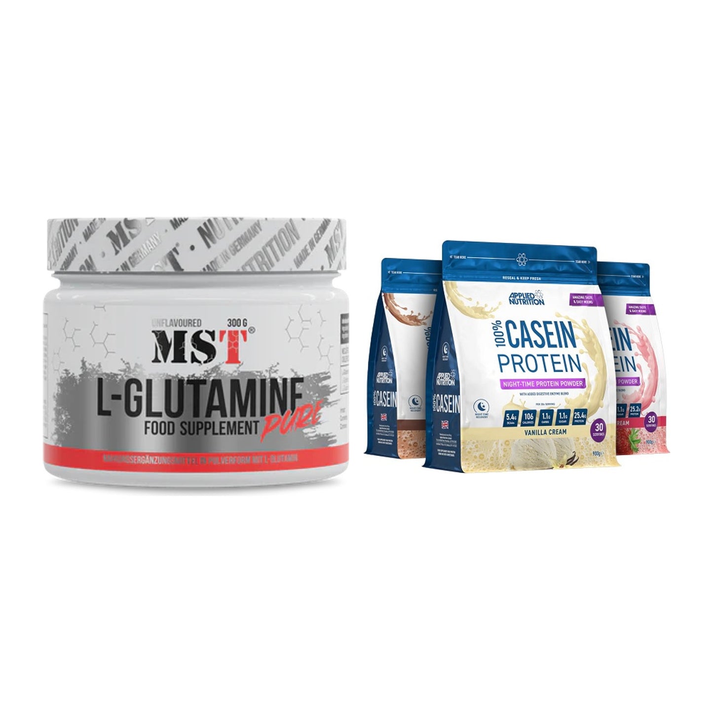 Regenerations-Duo: MST Glutamine + Applied Nutrition 100% Casein – alle enthaltenen Artikel