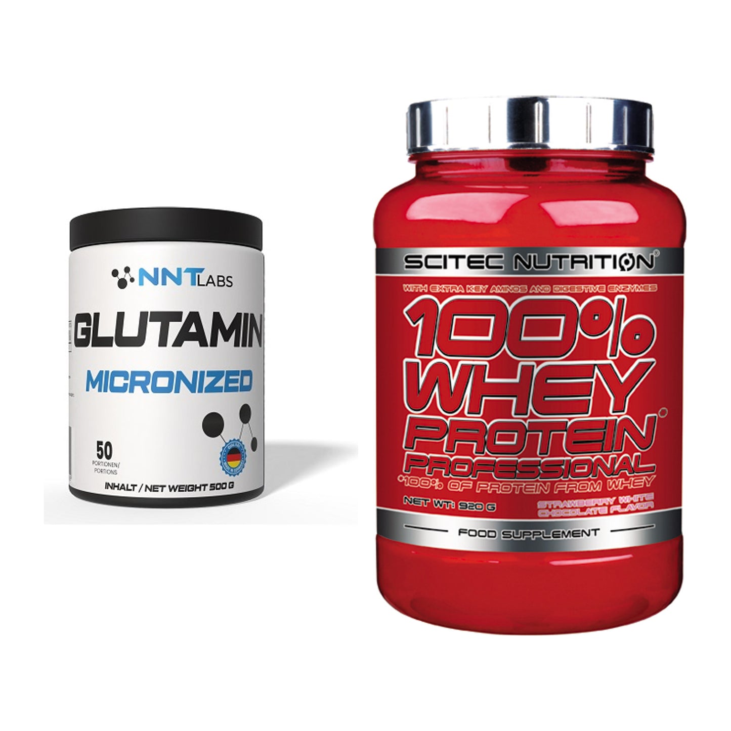 Regenerations-Duo: NNT Glutamin + Scitec 100% Whey Professional – alle enthaltenen Artikel