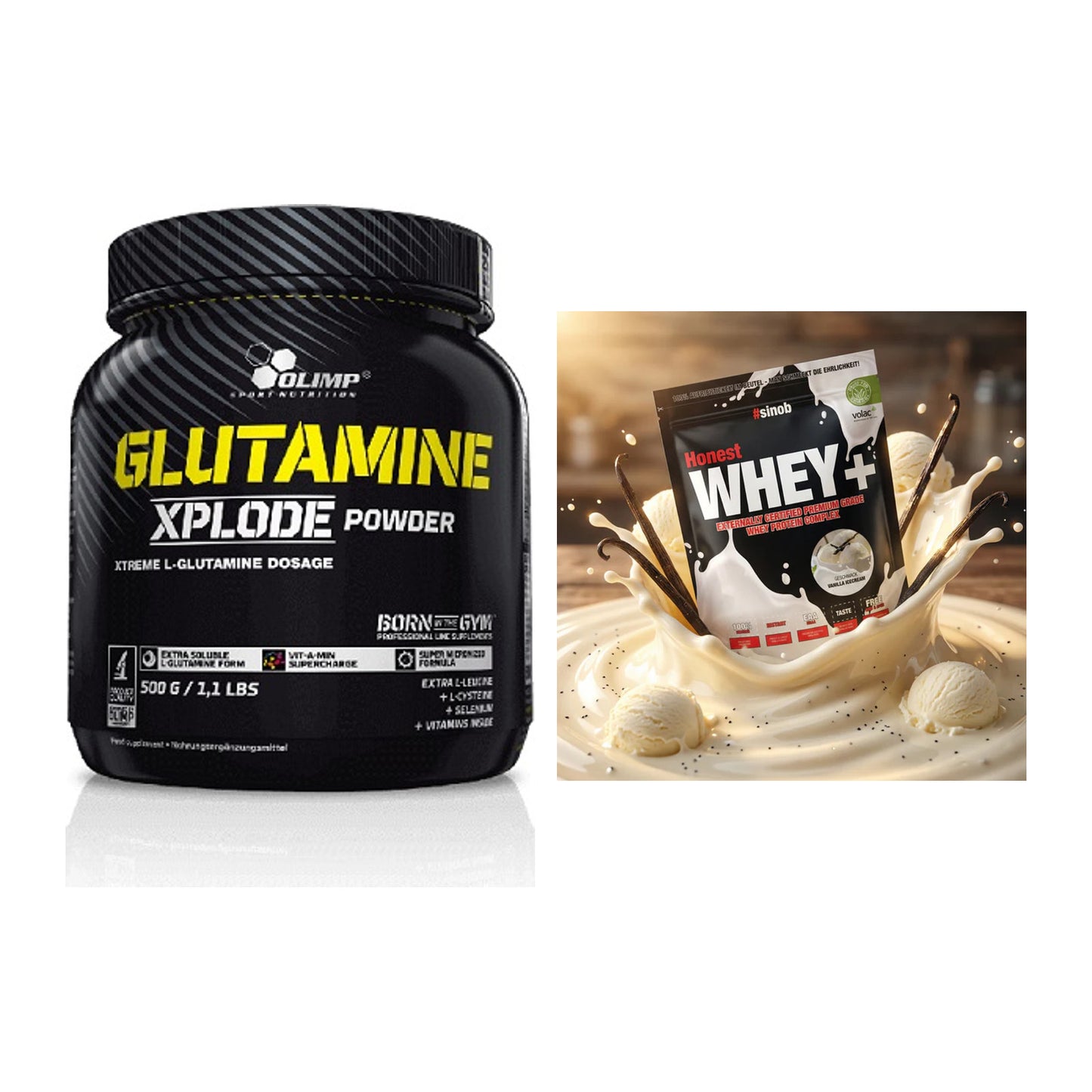 Regenerations-Duo: Olimp L-Glutamine Xplode 500g + Sinob Honest Whey+ – alle enthaltenen Artikel
