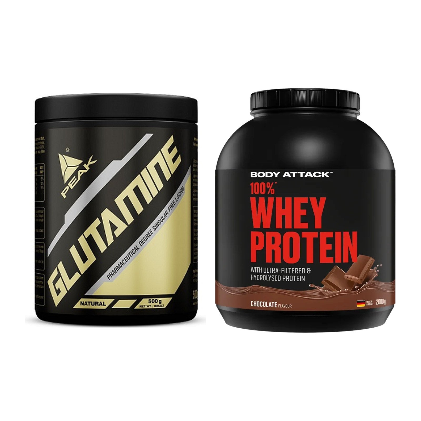 Regenerations-Duo: Peak Glutamin + Body Attack 100% Whey Protein – alle enthaltenen Artikel