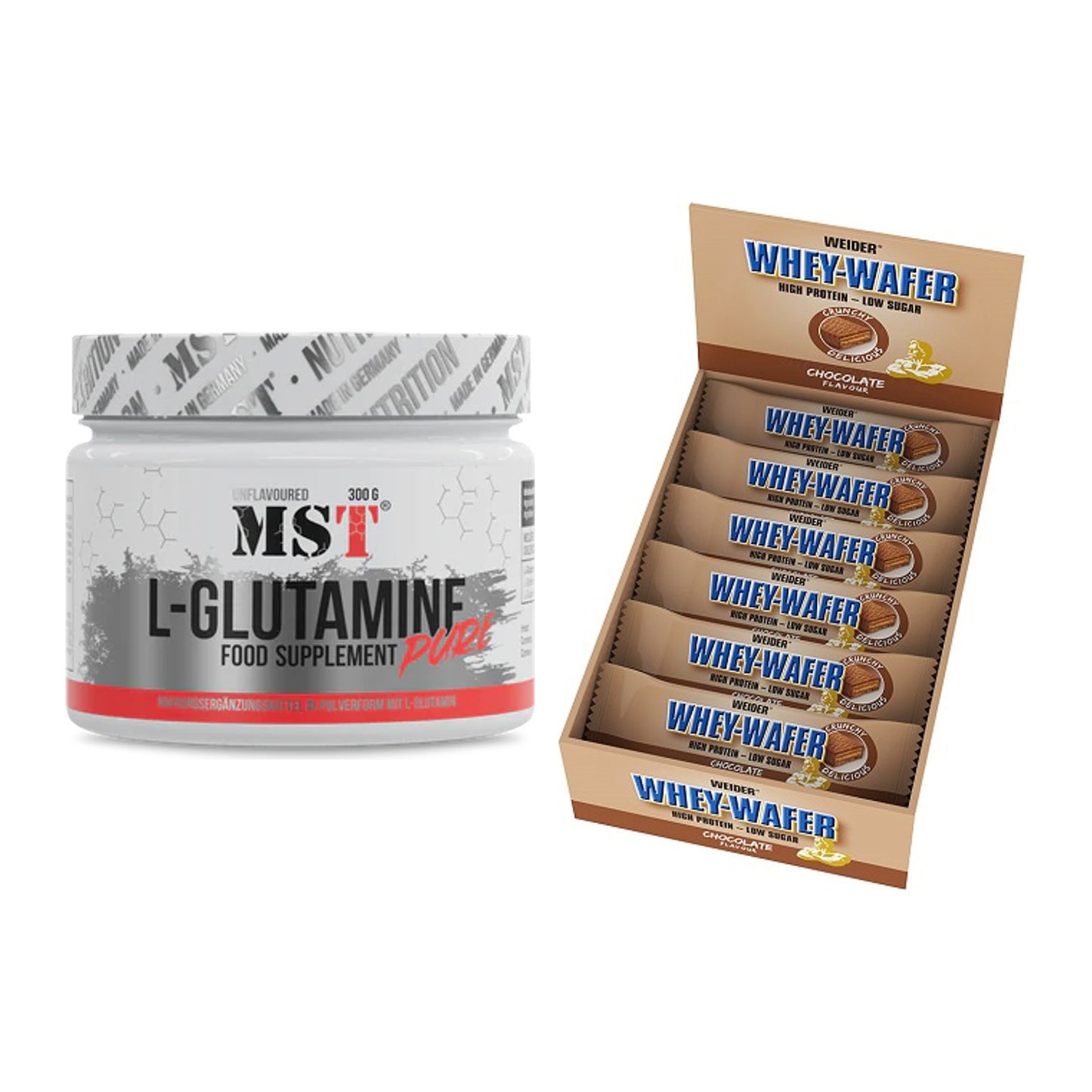 Regenerations-Duo: MST Glutamine + Weider Whey Wafer – alle enthaltenen Artikel
