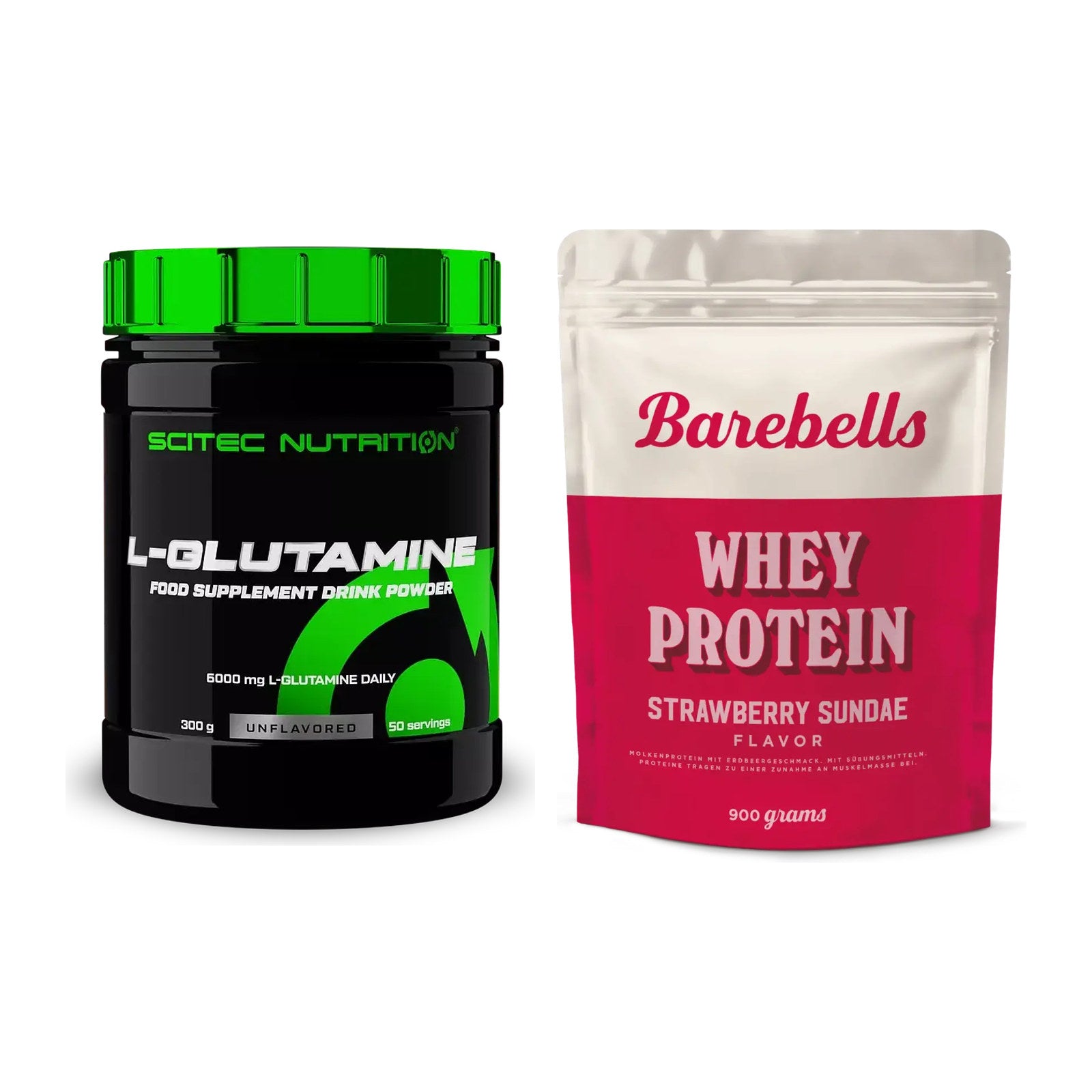 Regenerations-Duo: Scitec L-Glutamin + Barebells Whey Protein – alle enthaltenen Artikel
