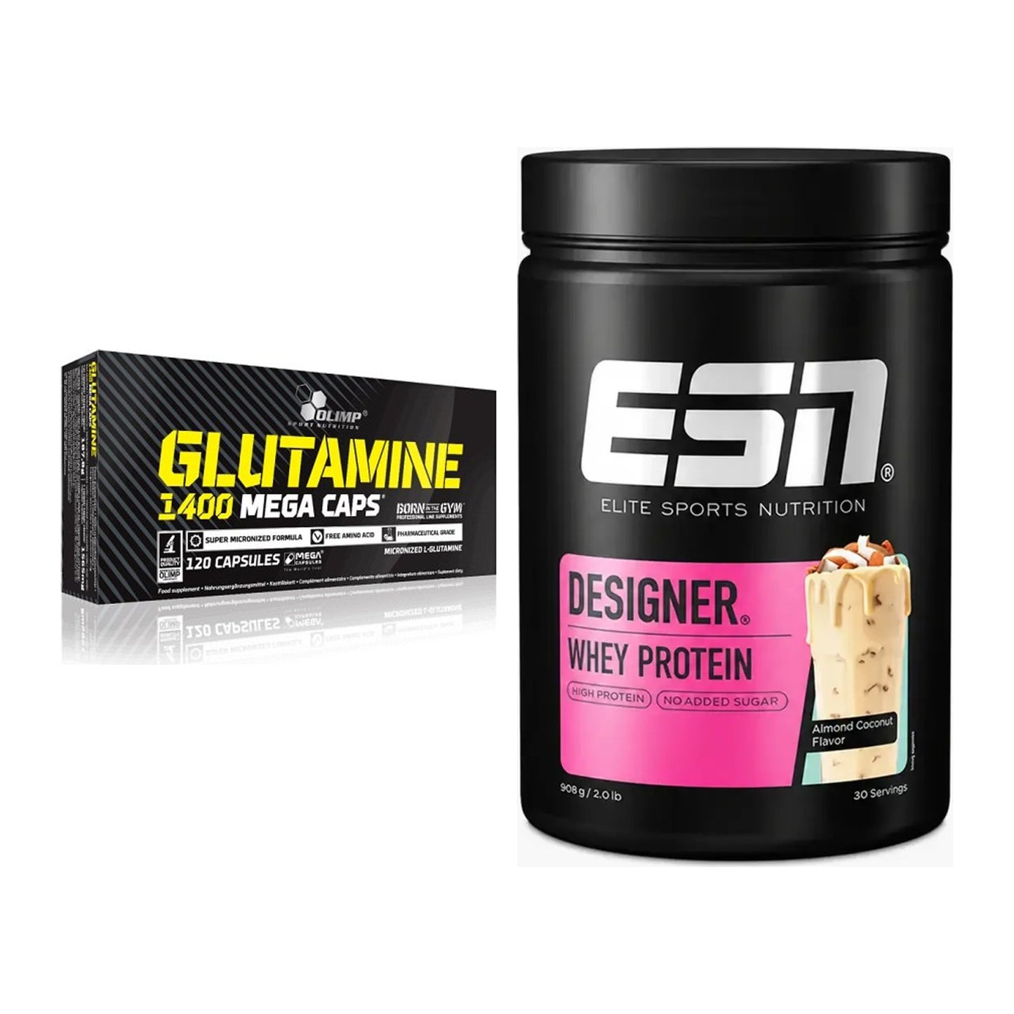 Regenerations-Duo: Olimp L-Glutamine Mega Caps + ESN Designer Whey – alle enthaltenen Artikel