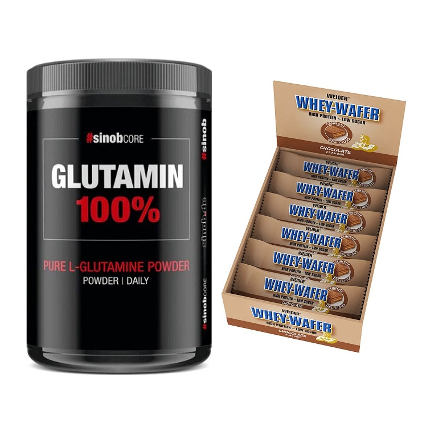 Regenerations-Duo: Sinob Core L-Glutamin + Weider Whey Wafer – alle enthaltenen Artikel