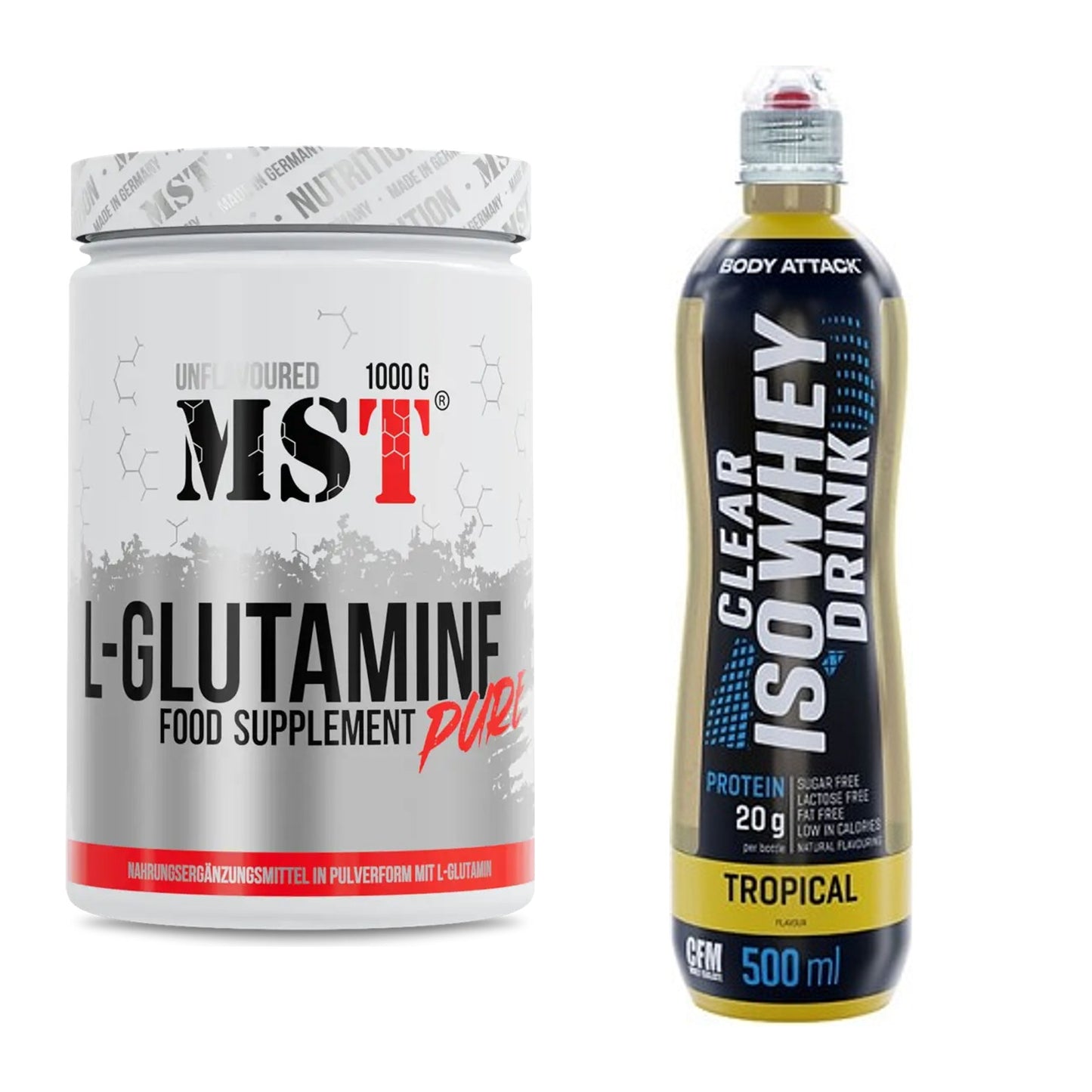 Regenerations-Duo: MST Glutamine + Body Attack Clear Iso Whey Drink – alle enthaltenen Artikel
