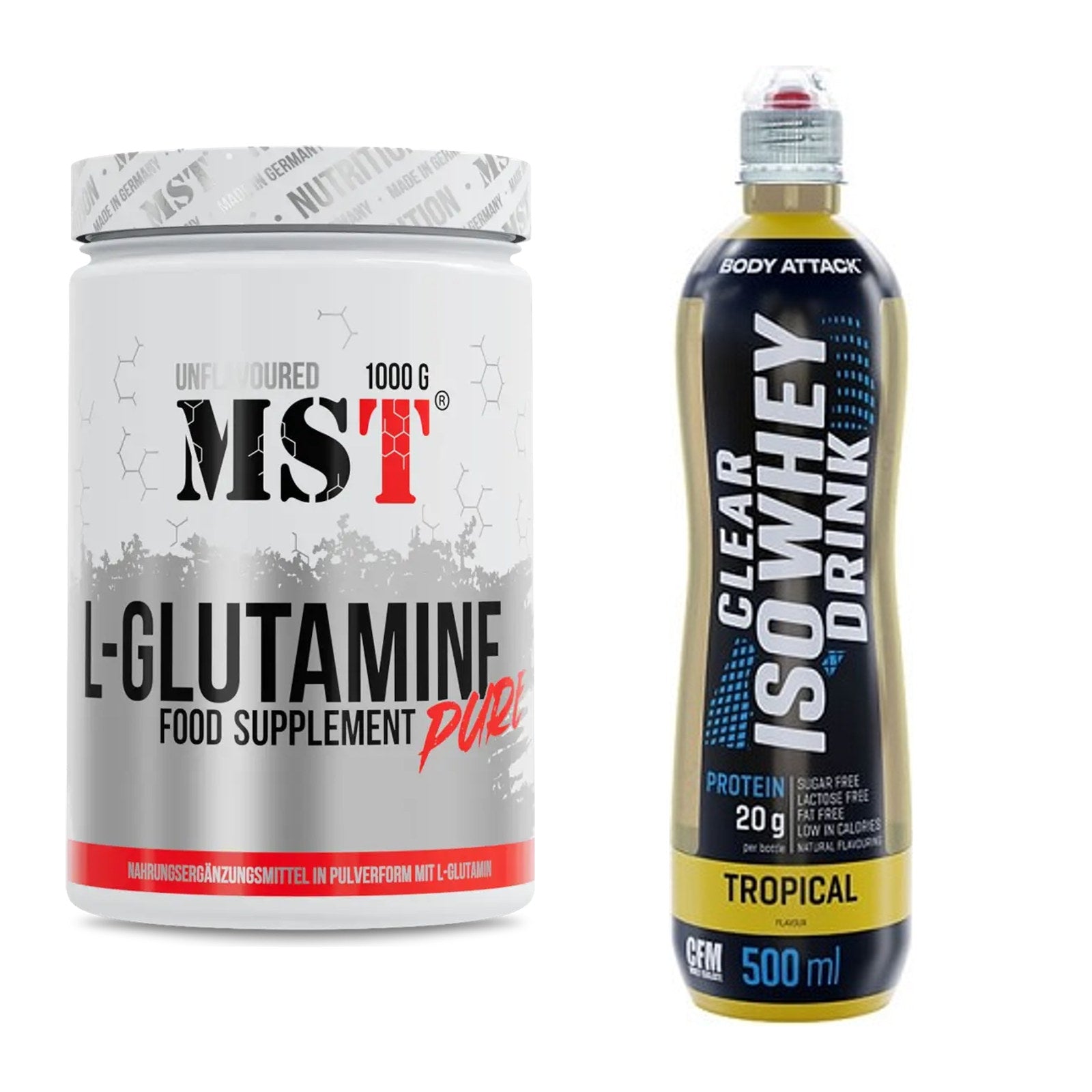 Regenerations-Duo: MST Glutamine + Body Attack Clear Iso Whey Drink – alle enthaltenen Artikel