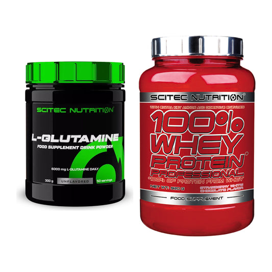 Regenerations-Duo: Scitec L-Glutamin + Scitec 100% Whey Professional – alle enthaltenen Artikel