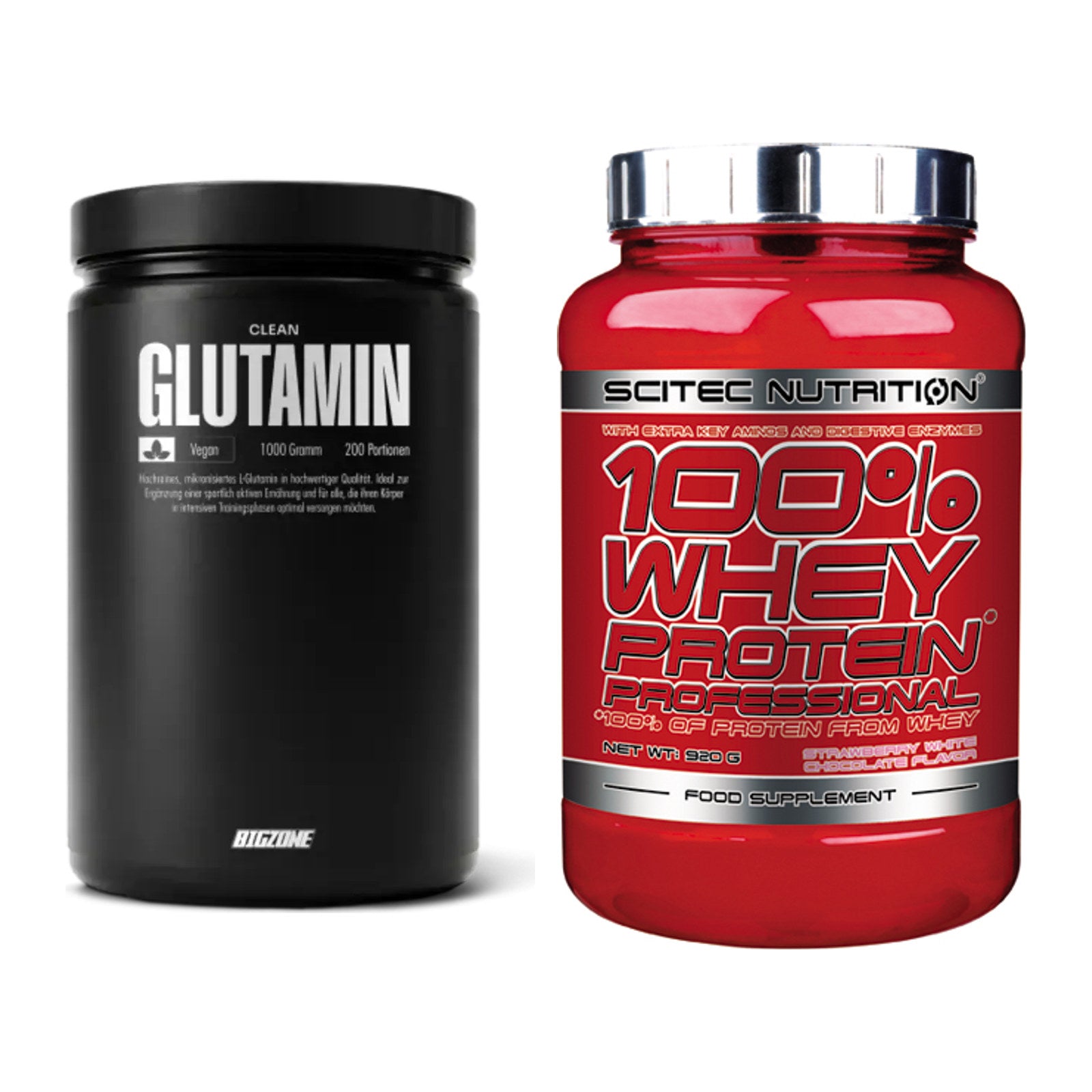 Regenerations-Duo: Big Zone Glutamin + Scitec 100% Whey Professional – alle enthaltenen Artikel