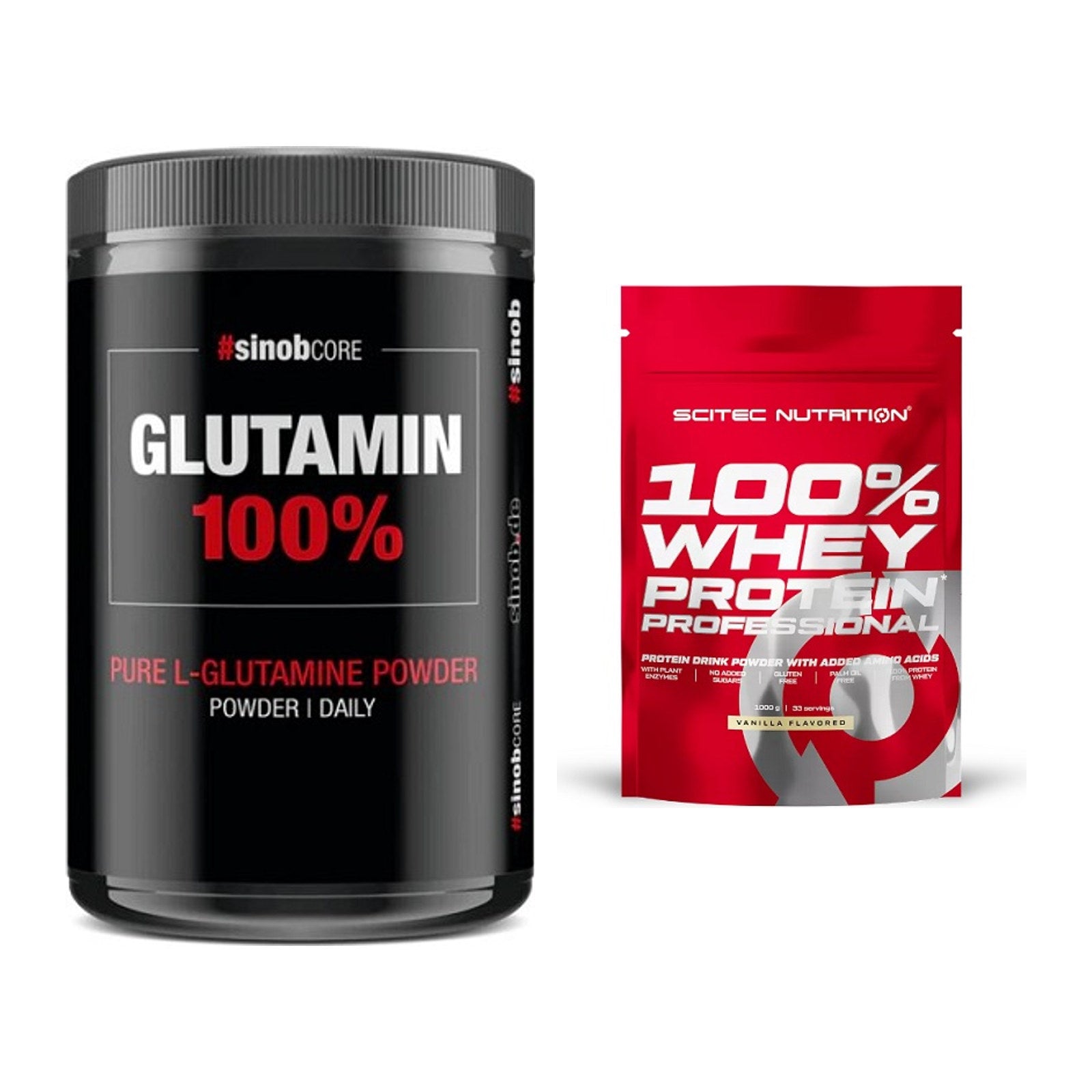 Regenerations-Duo: Sinob Core L-Glutamin + Scitec 100% Whey Protein – alle enthaltenen Artikel