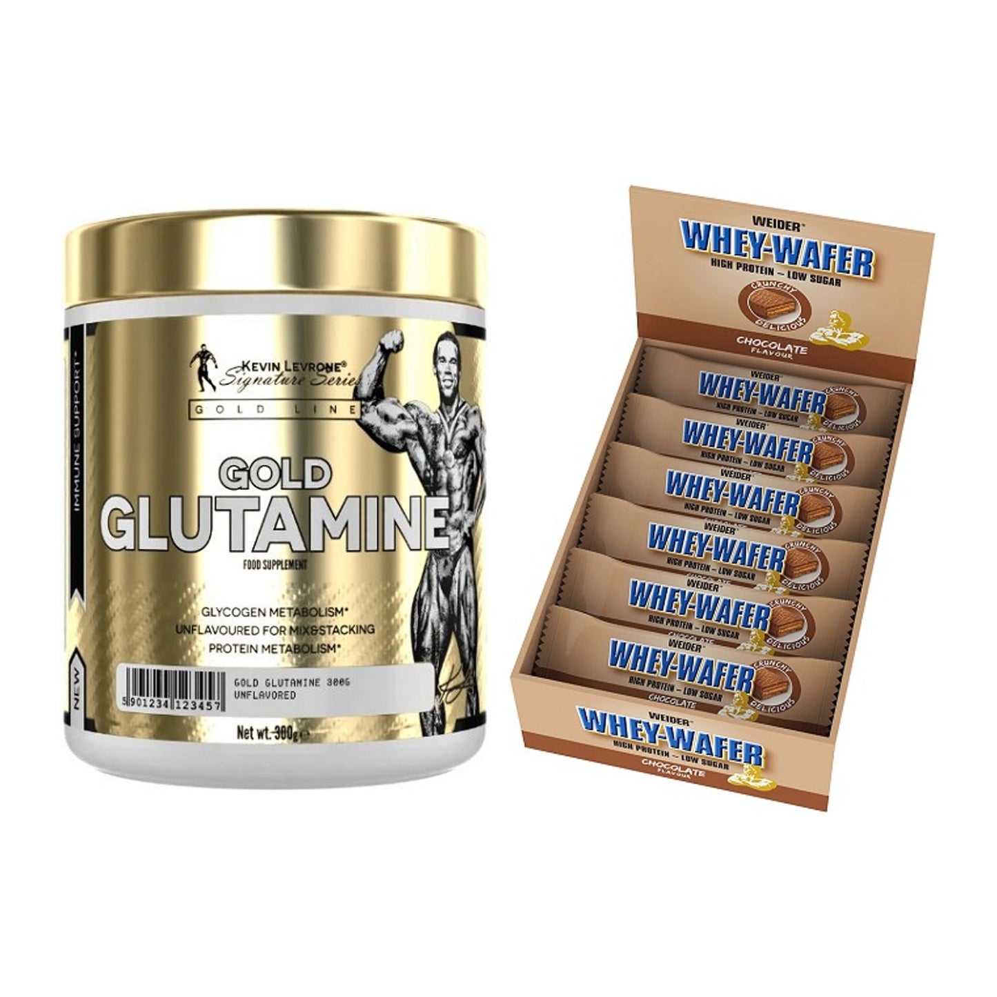 Regenerations-Duo: Kevin Levrone GOLD Glutamine + Weider Whey Wafer – alle enthaltenen Artikel