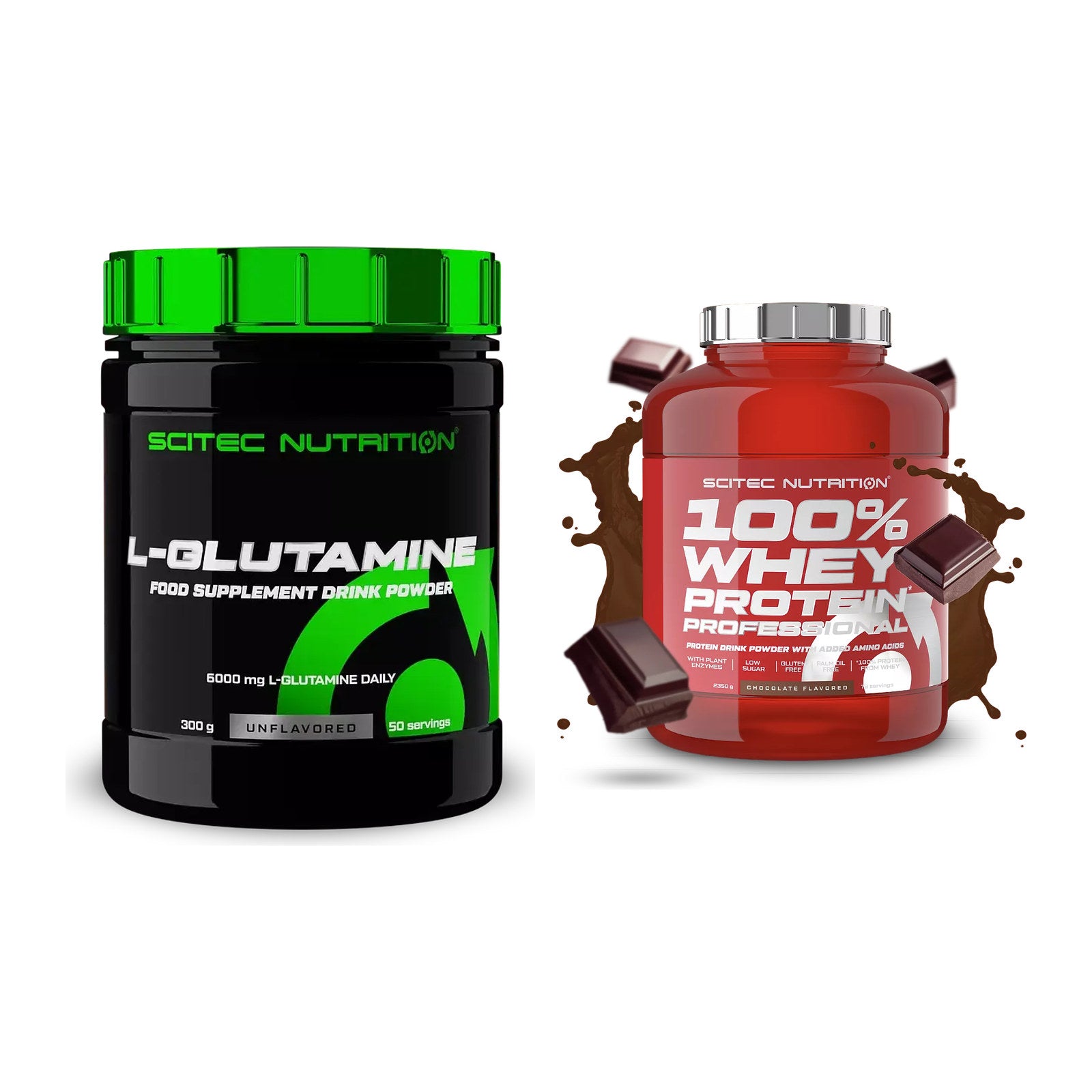 Regenerations-Duo: Scitec L-Glutamin + Scitec 100% Whey Professional – alle enthaltenen Artikel