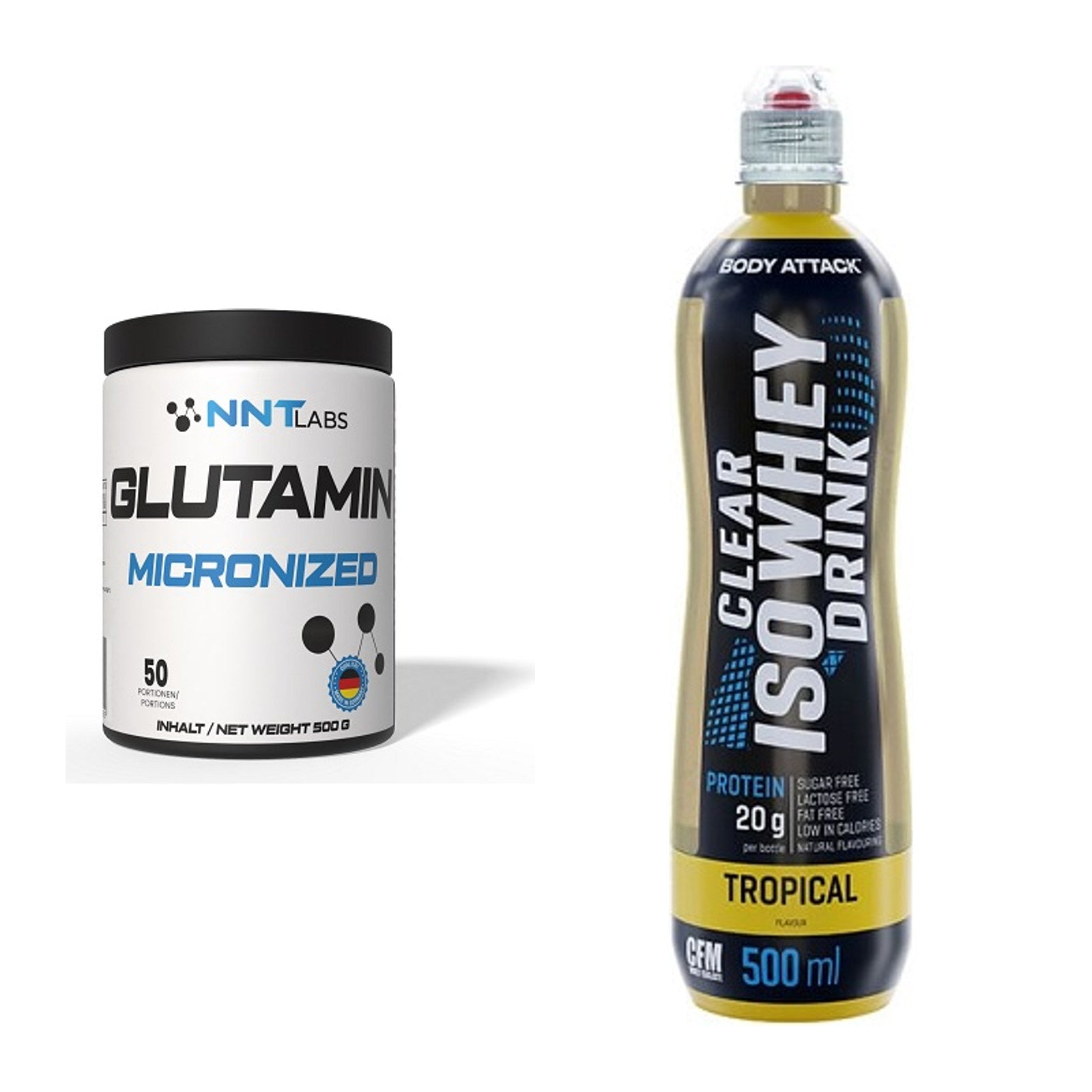 Regenerations-Duo: NNT Glutamin + Body Attack Clear Iso Whey Drink – alle enthaltenen Artikel