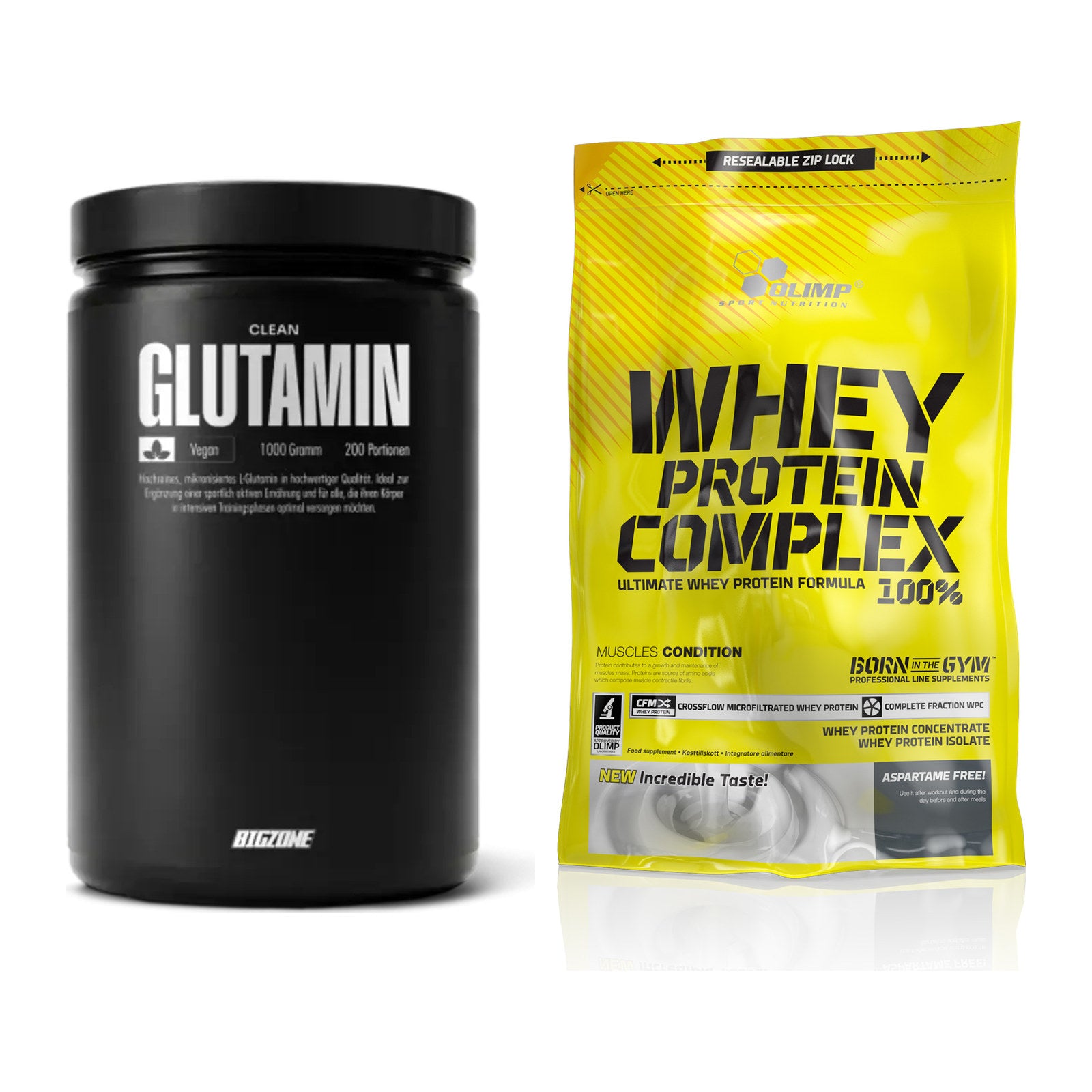 Regenerations-Duo: Big Zone Glutamin + Olimp Whey Protein Complex 100% – alle enthaltenen Artikel