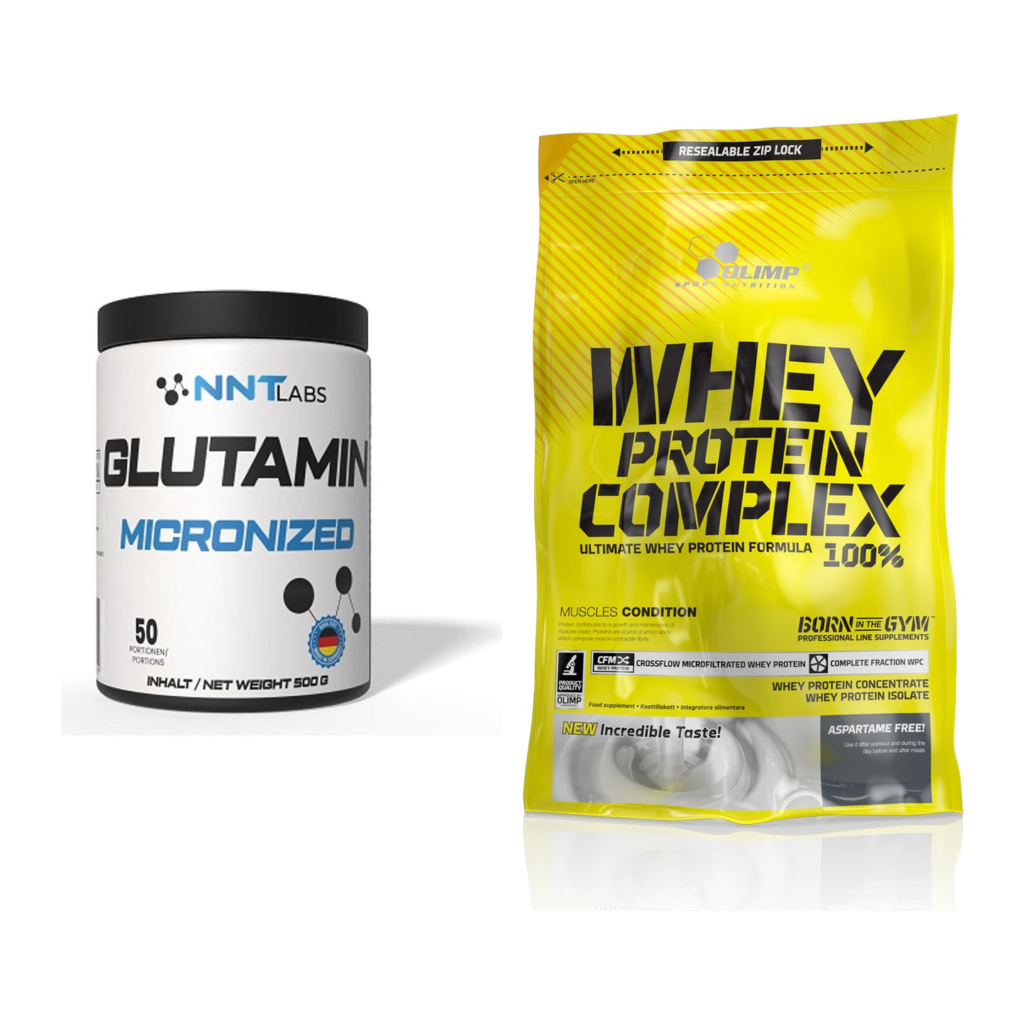 Regenerations-Duo: NNT Glutamin + Olimp Whey Protein Complex 100% – alle enthaltenen Artikel