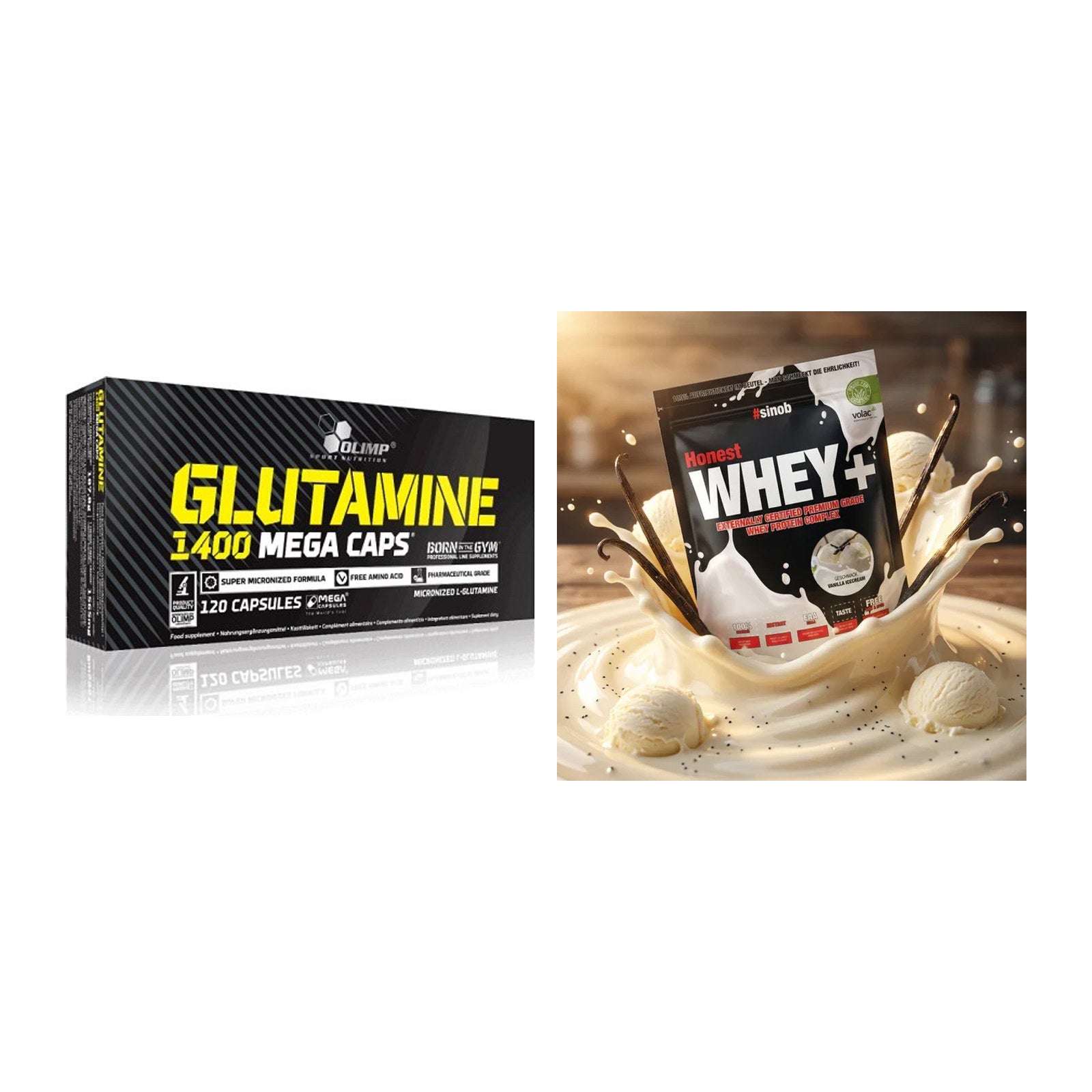 Regenerations-Duo: Olimp L-Glutamine Mega Caps + Sinob Honest Whey+ – alle enthaltenen Artikel