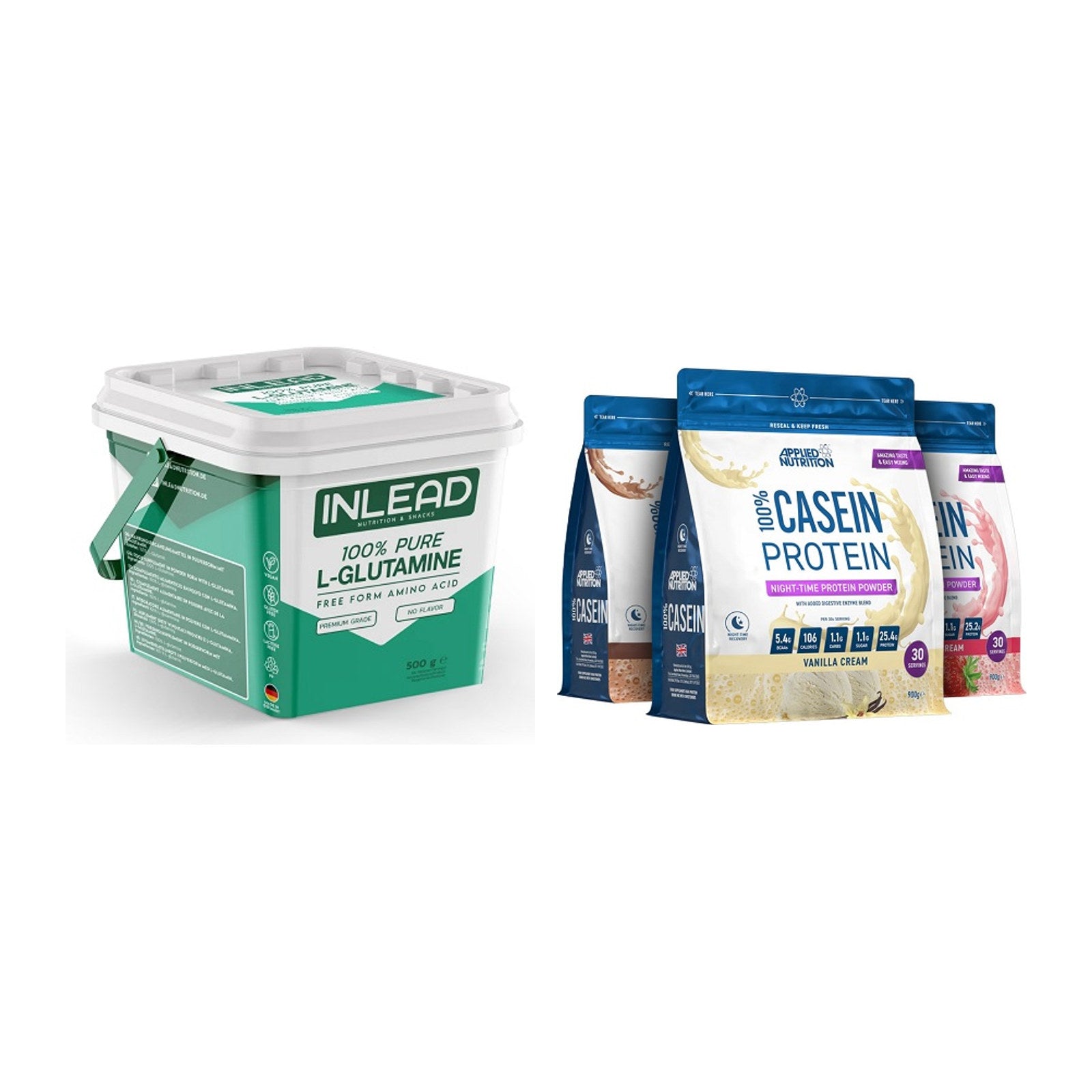 Regenerations-Duo: INLEAD L-Glutamine + Applied Nutrition 100% Casein – alle enthaltenen Artikel