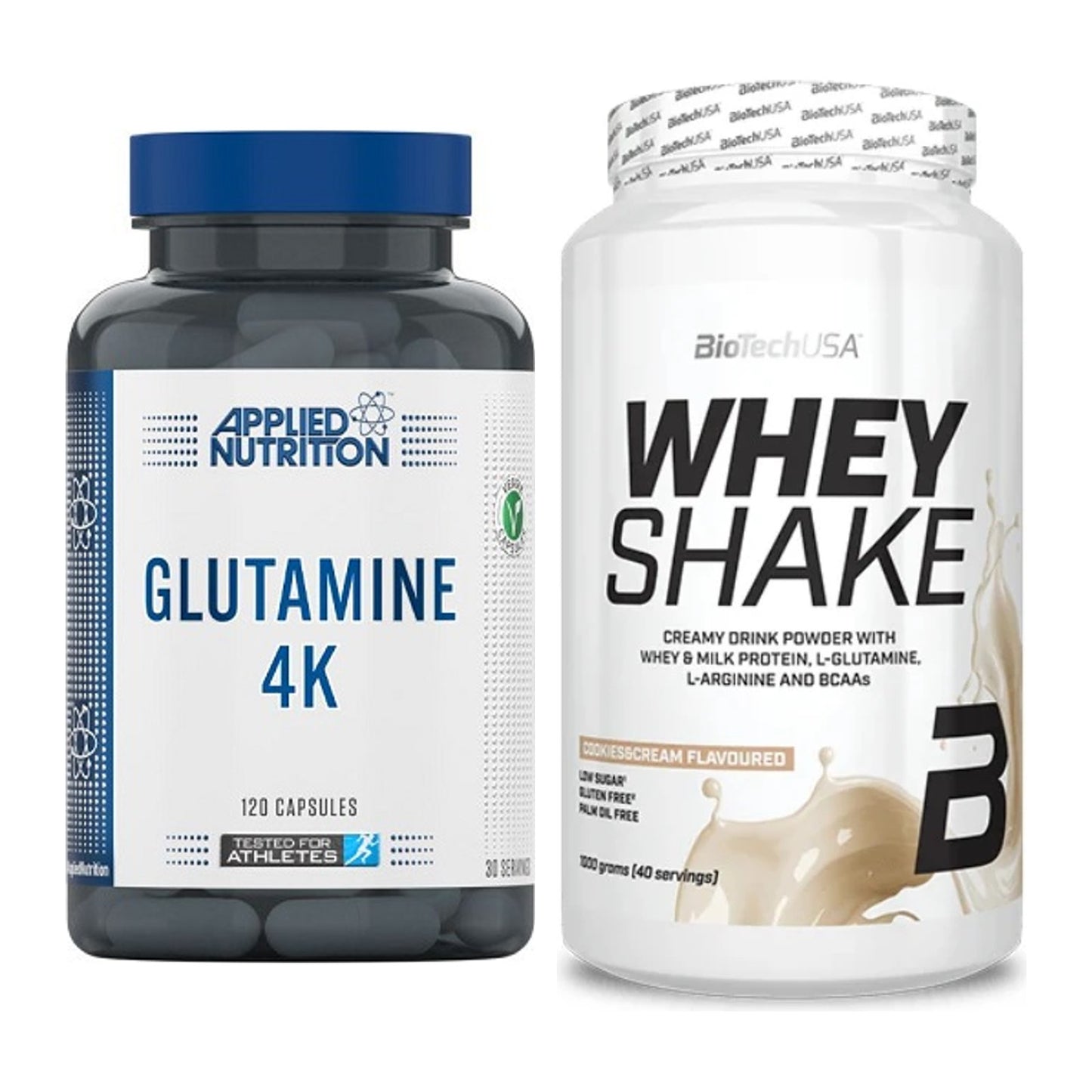 Regenerations-Duo: Applied Nutrition Glutamine 4K + BioTech Whey Shake – alle enthaltenen Artikel