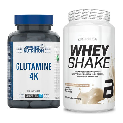 Regenerations-Duo: Applied Nutrition Glutamine 4K + BioTech Whey Shake – alle enthaltenen Artikel