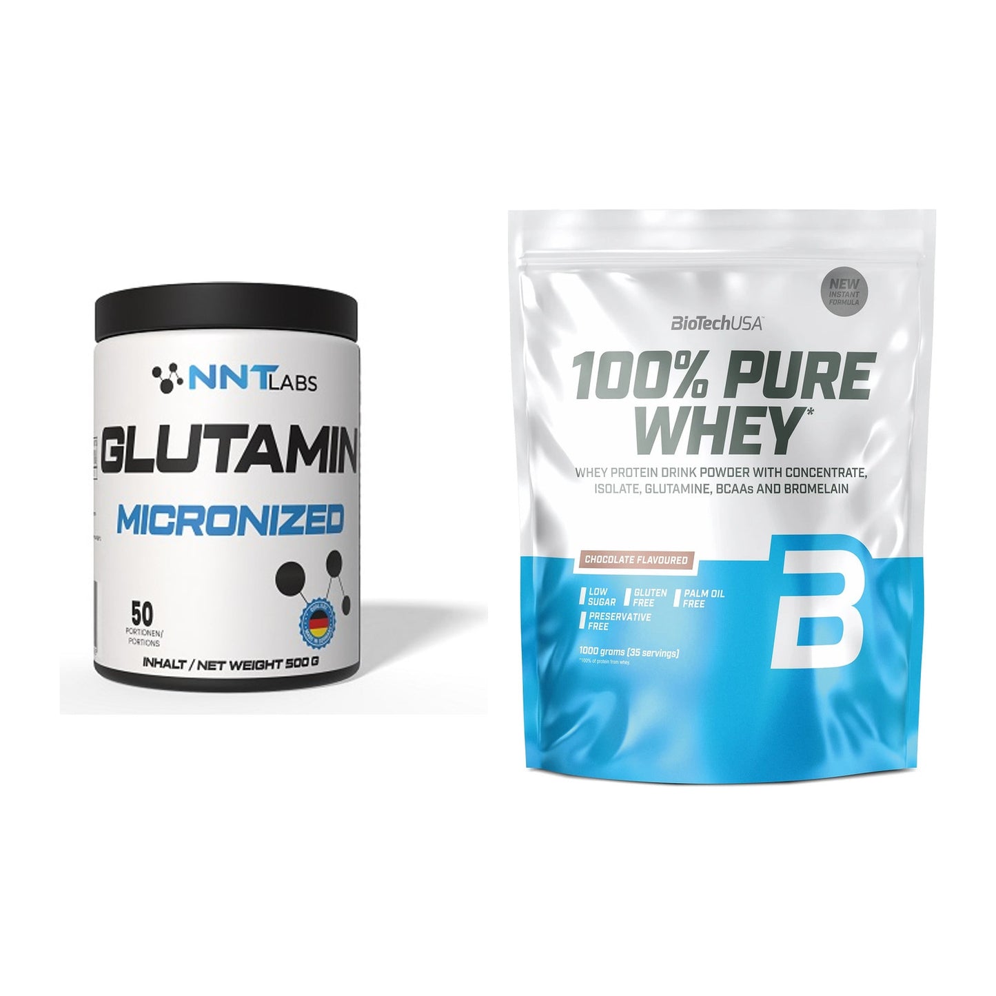 Regenerations-Duo: NNT Glutamin + BioTech 100% Pure Whey – alle enthaltenen Artikel
