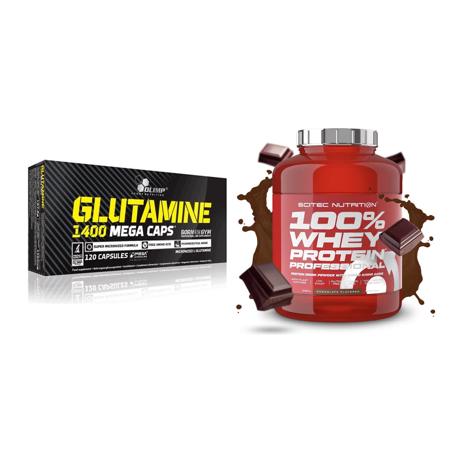 Regenerations-Duo: Olimp L-Glutamine Mega + Scitec 100% Whey – alle enthaltenen Artikel