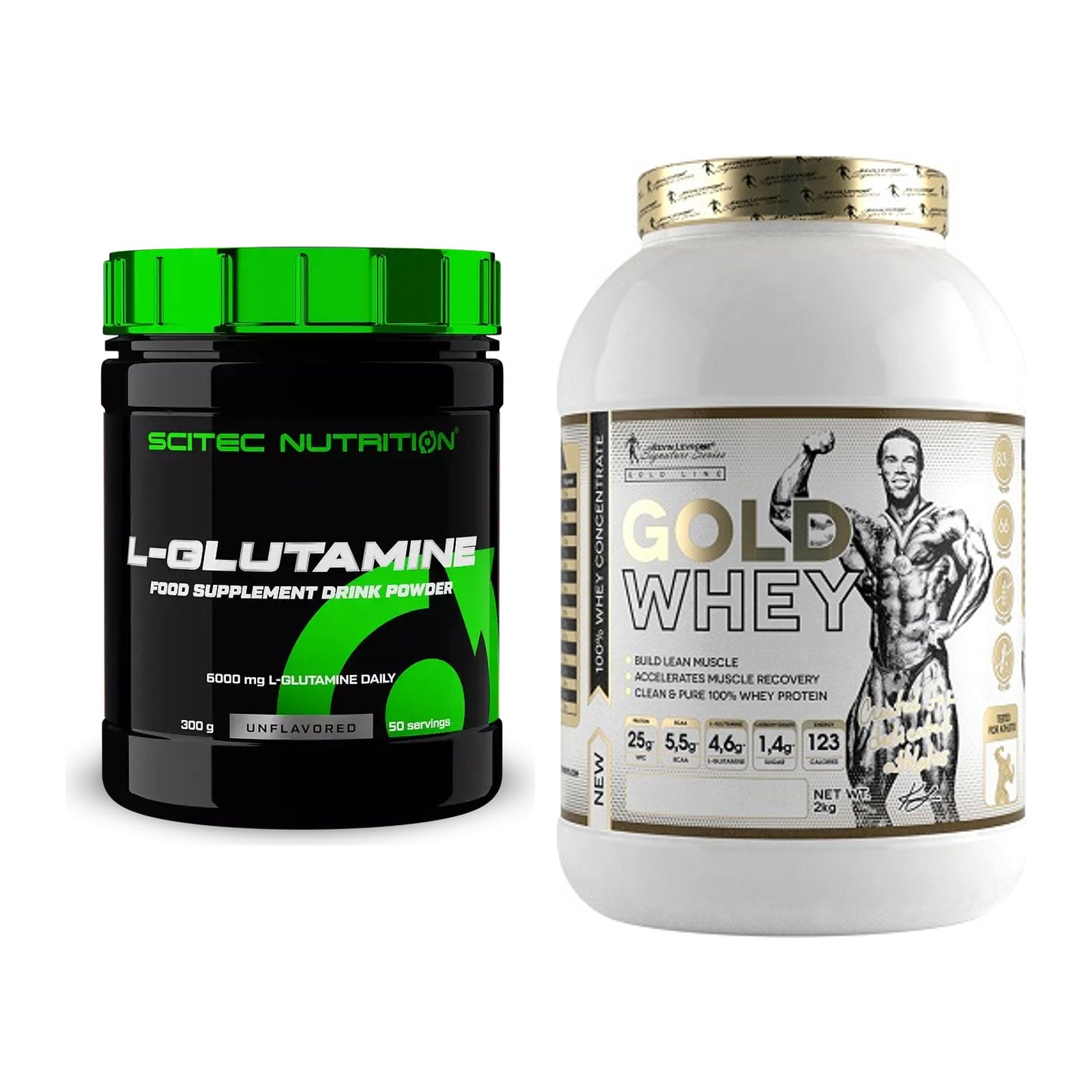 Regenerations-Duo: Scitec L-Glutamin + Kevin Levrone Gold Whey – alle enthaltenen Artikel