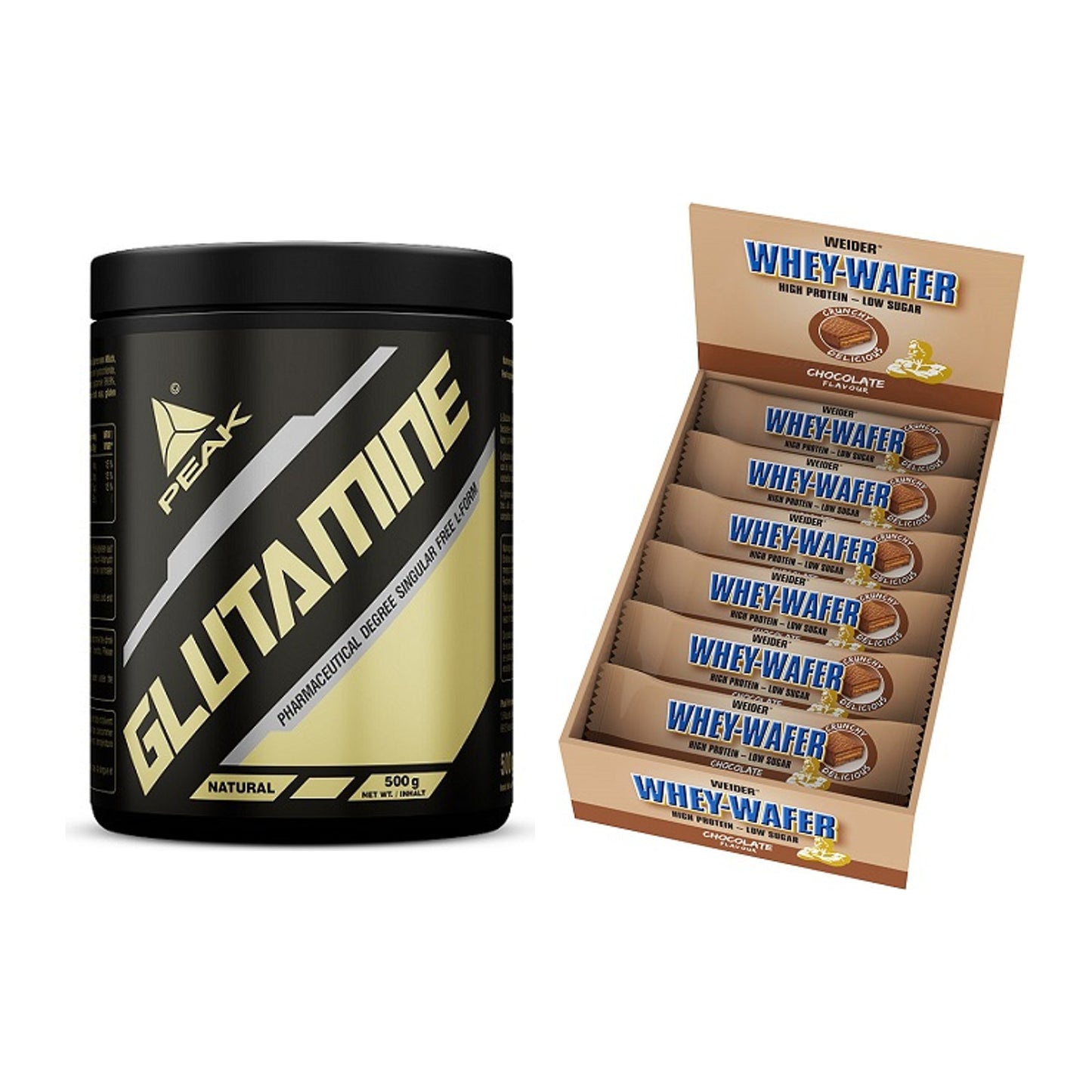 Regenerations-Duo: Peak Glutamin + Weider Whey Wafer – alle enthaltenen Artikel